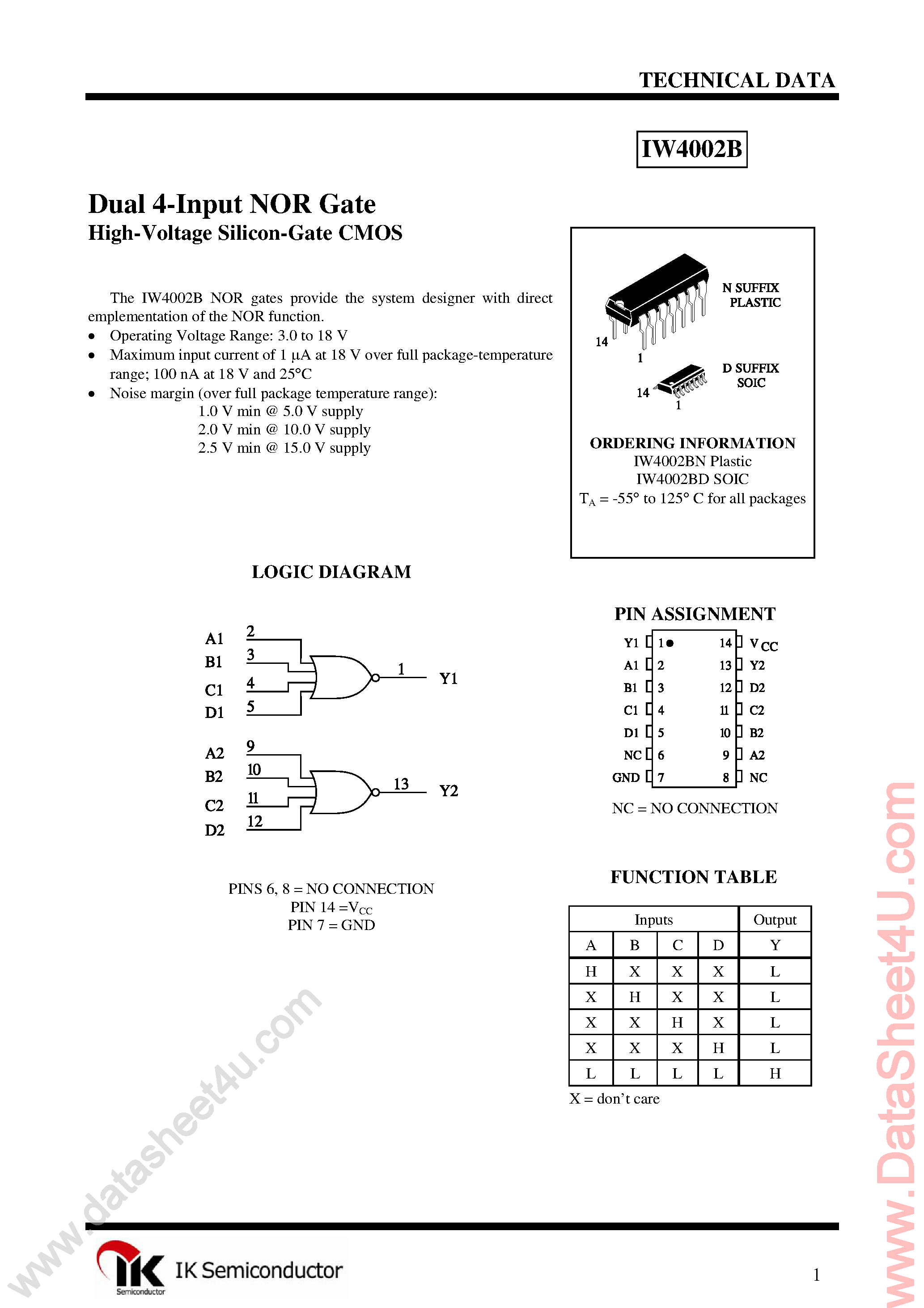 Datasheet IW4002B page 1 Datasheet IW4002B - Dual 4-Input NOR Gate page 1
