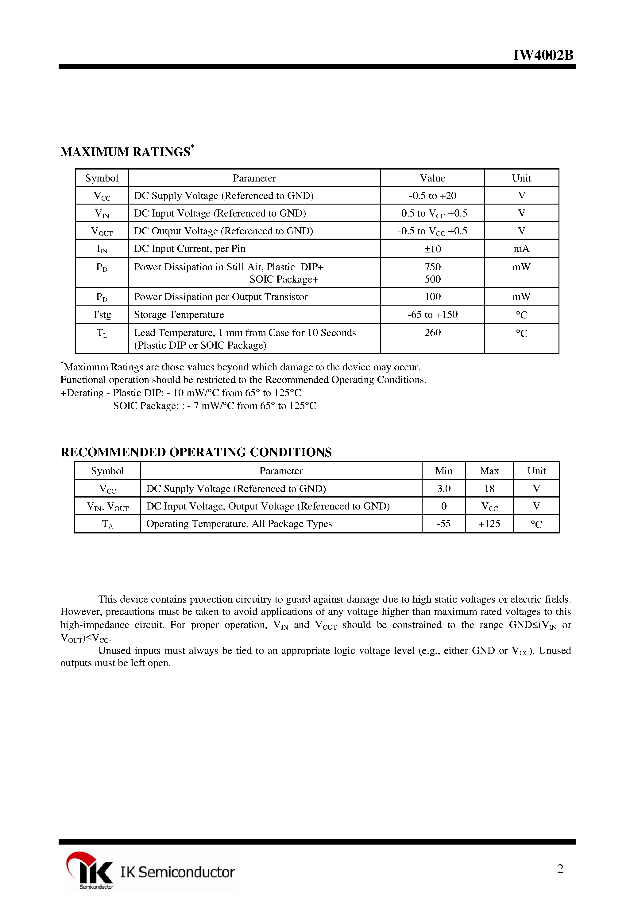 Datasheet IW4002B page 2 Datasheet IW4002B - Dual 4-Input NOR Gate page 2