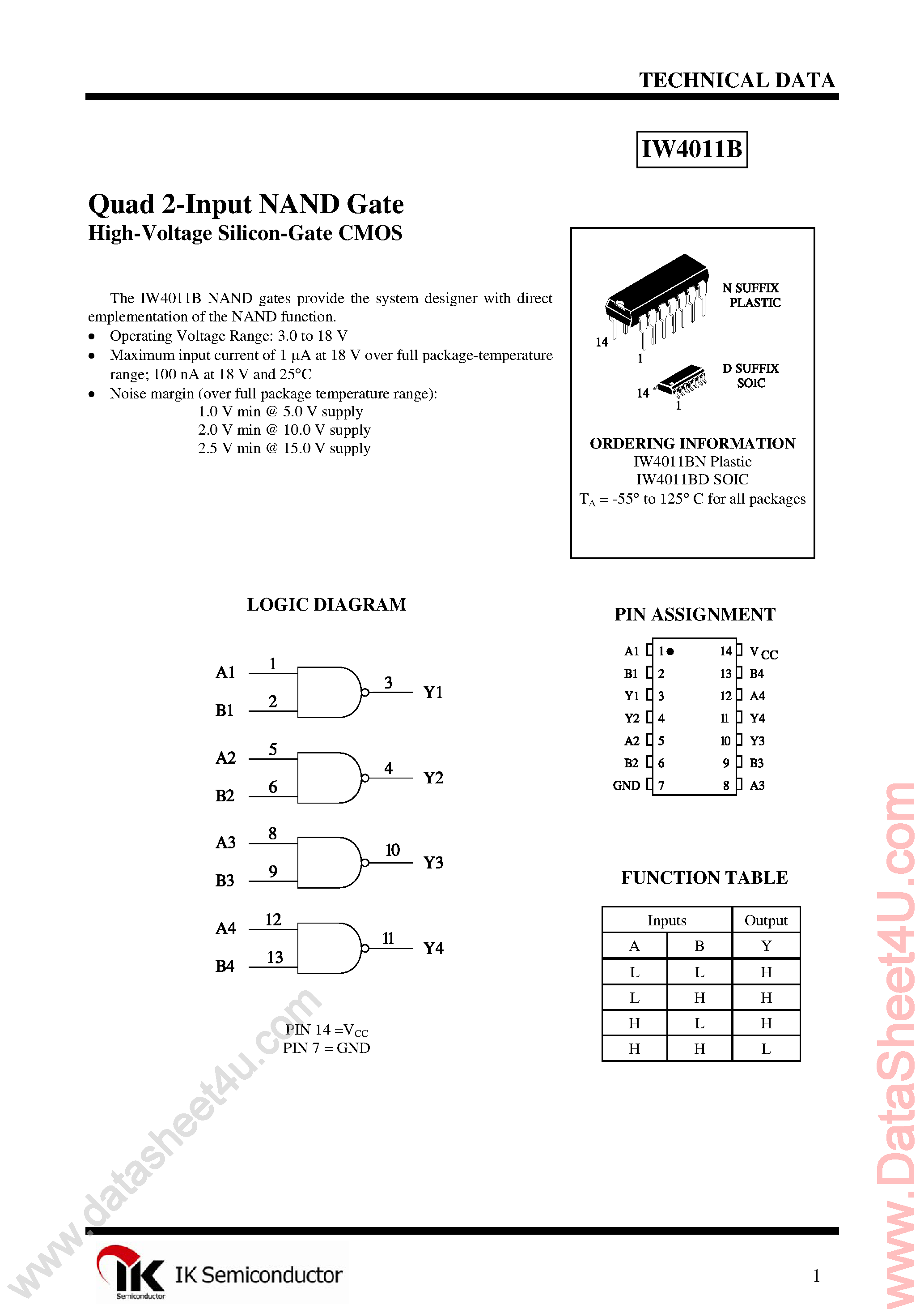 Datasheet IW4011B page 1 Datasheet IW4011B - Quad 2-Input NAND Gate page 1