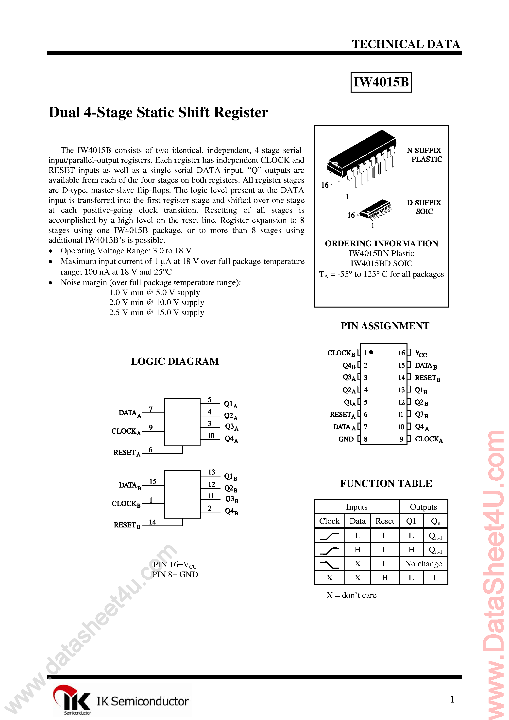 Datasheet IW4015B - Dual 4-Bit Static Shift Register page 1
