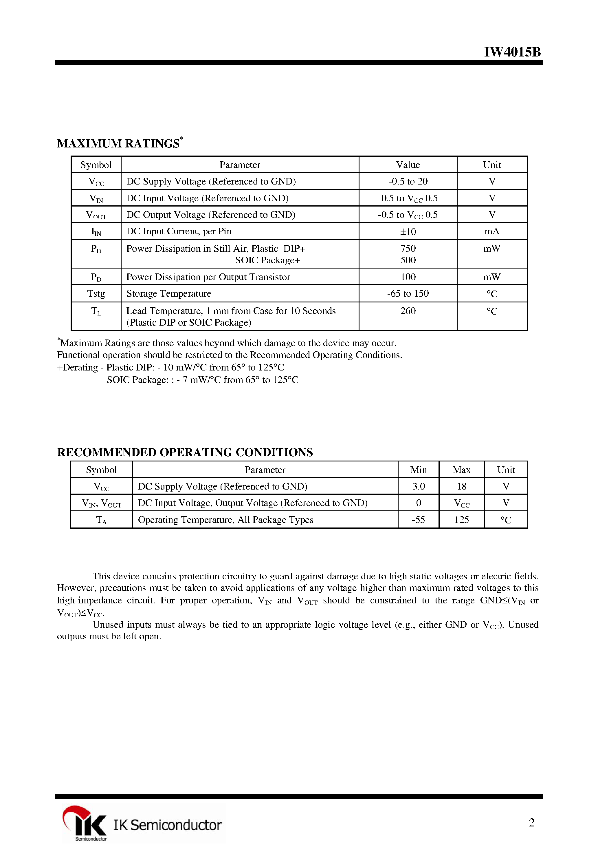 Datasheet IW4015B - Dual 4-Bit Static Shift Register page 2