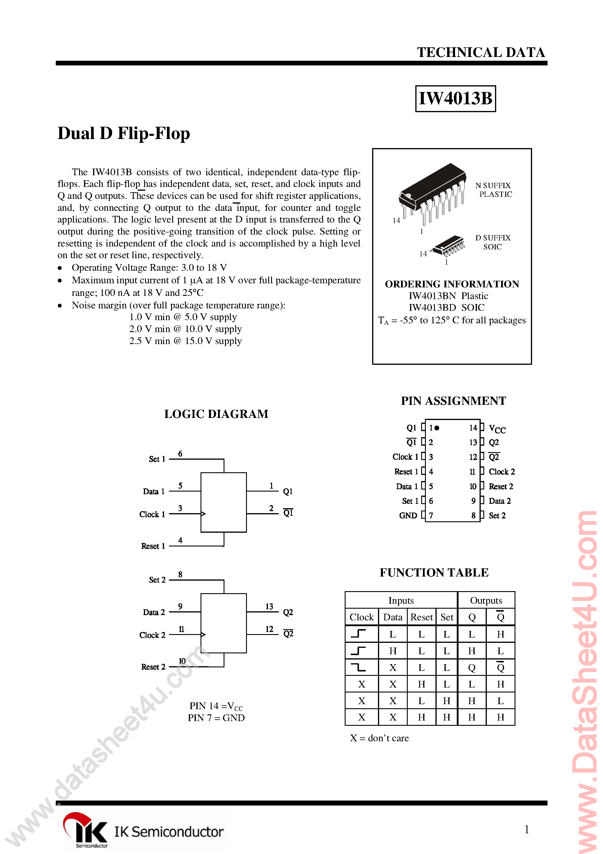 Даташит IW4013B - Dual D-Type Flip-Flop страница 1