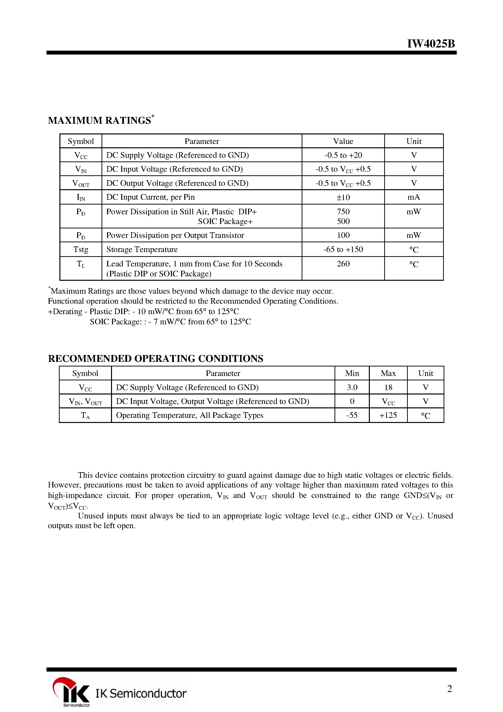 Datasheet IW4025B - Triple 3-Input NOR Gate page 2