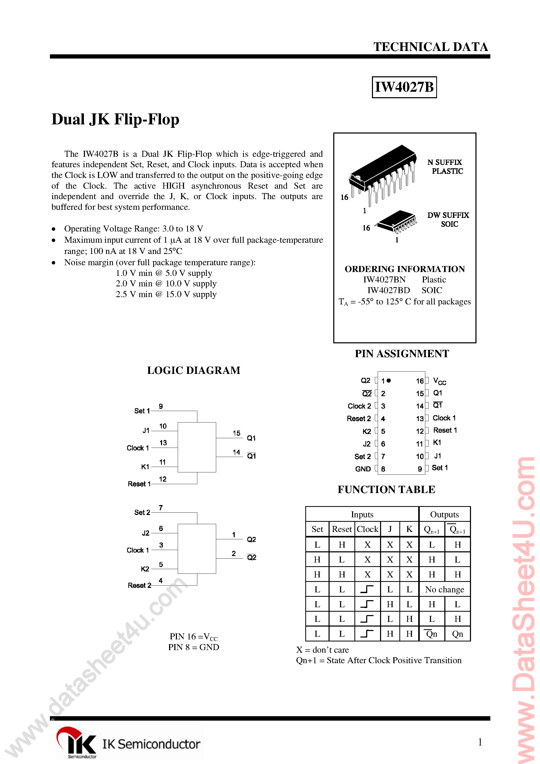 Datasheet IW4027B page 1 Datasheet IW4027B - Dual J-K Flip-Flop page 1