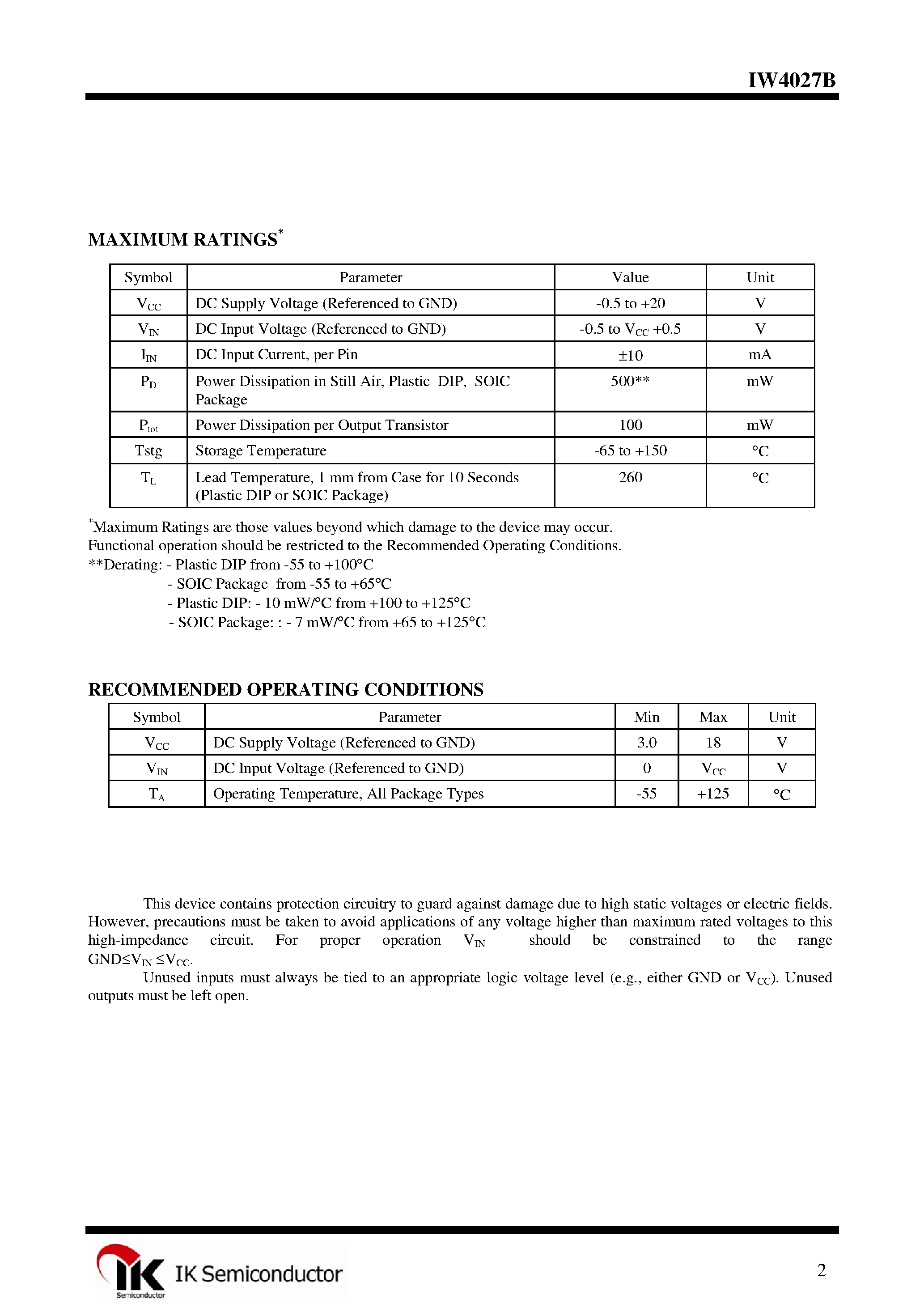 Datasheet IW4027B page 2 Datasheet IW4027B - Dual J-K Flip-Flop page 2