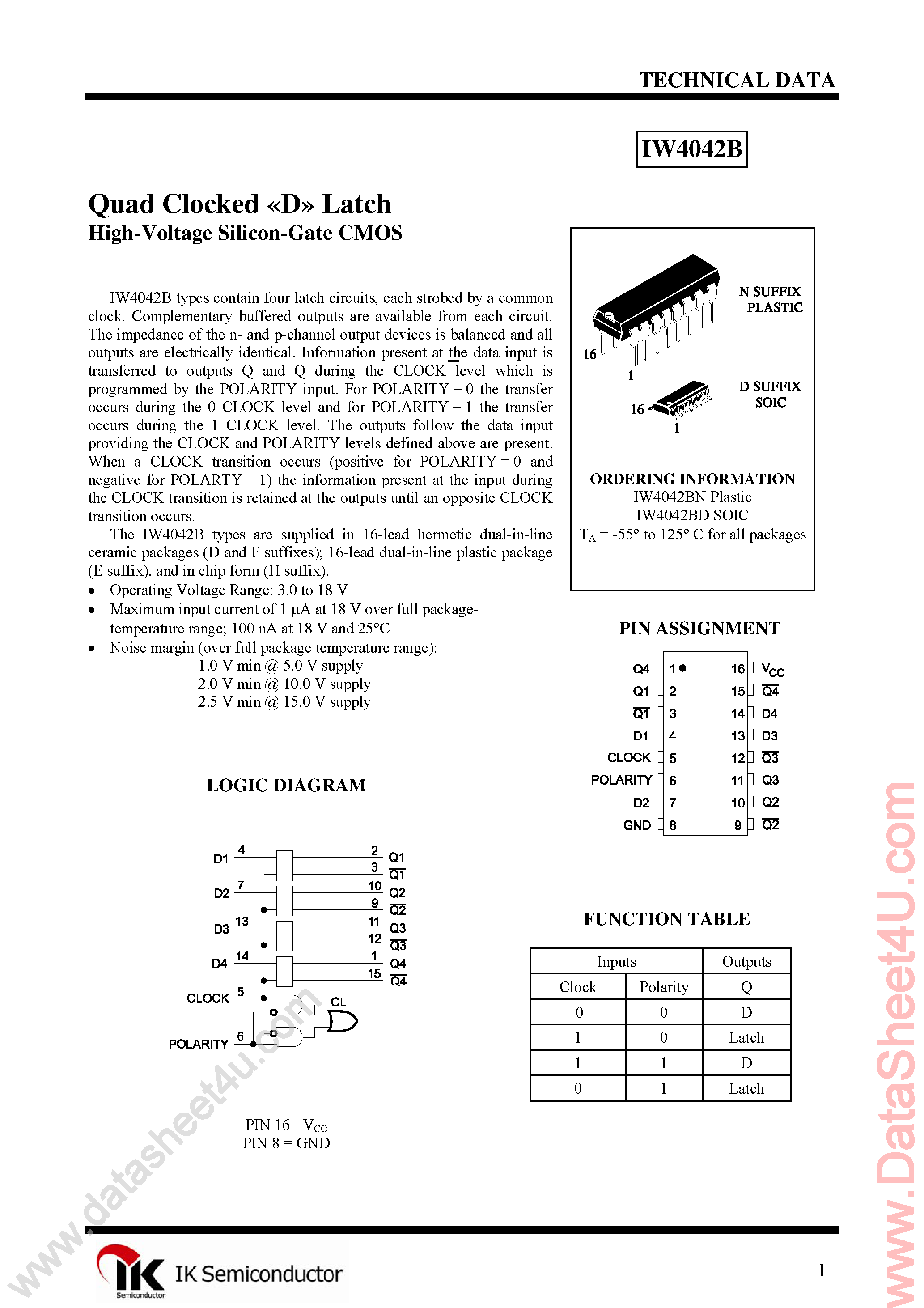 Даташит IW4042B - Quad Clocked D-Latch страница 1