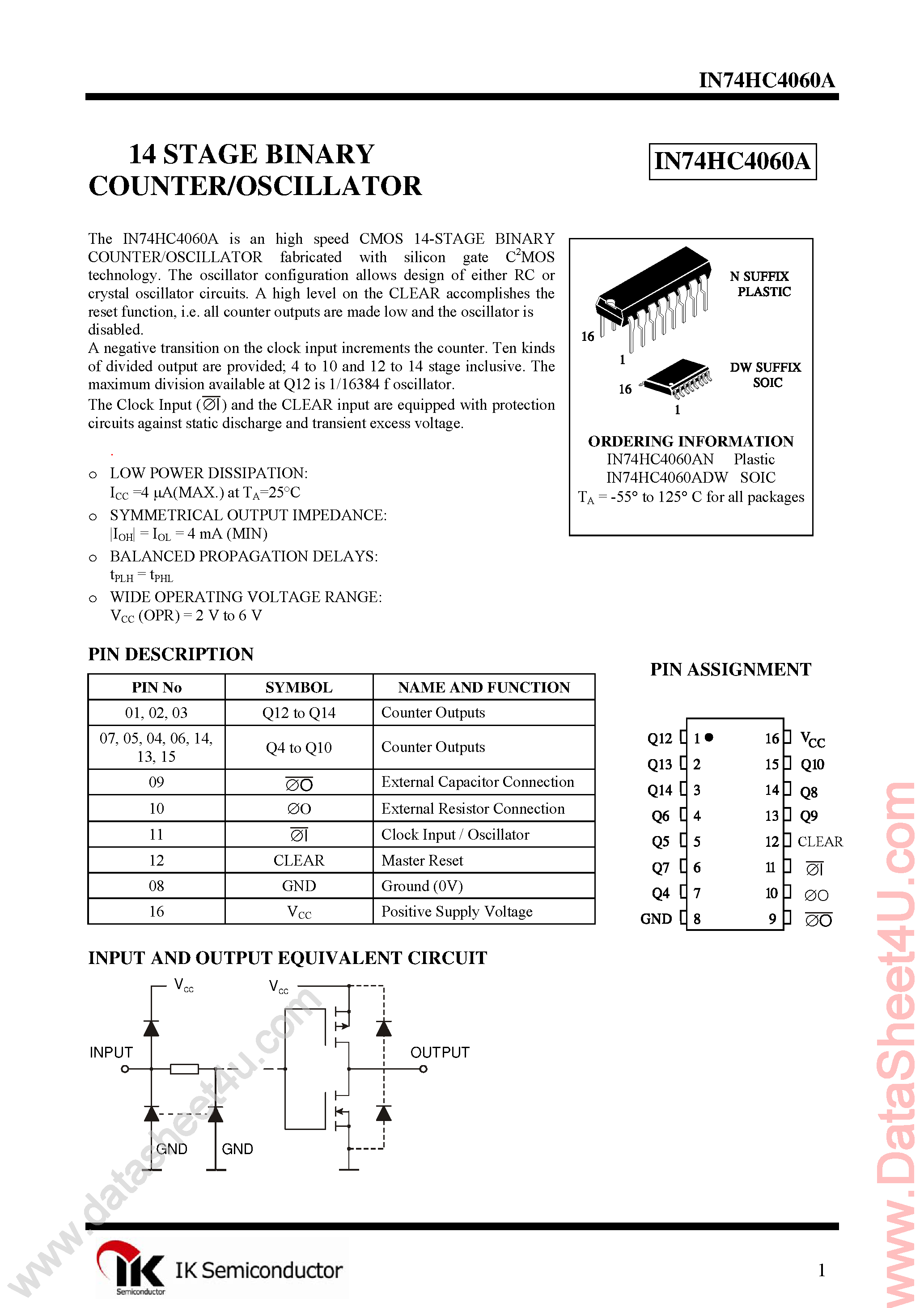 Datasheet IN74HC4060A - 14 Stage Binary Counter/Oscillator page 1