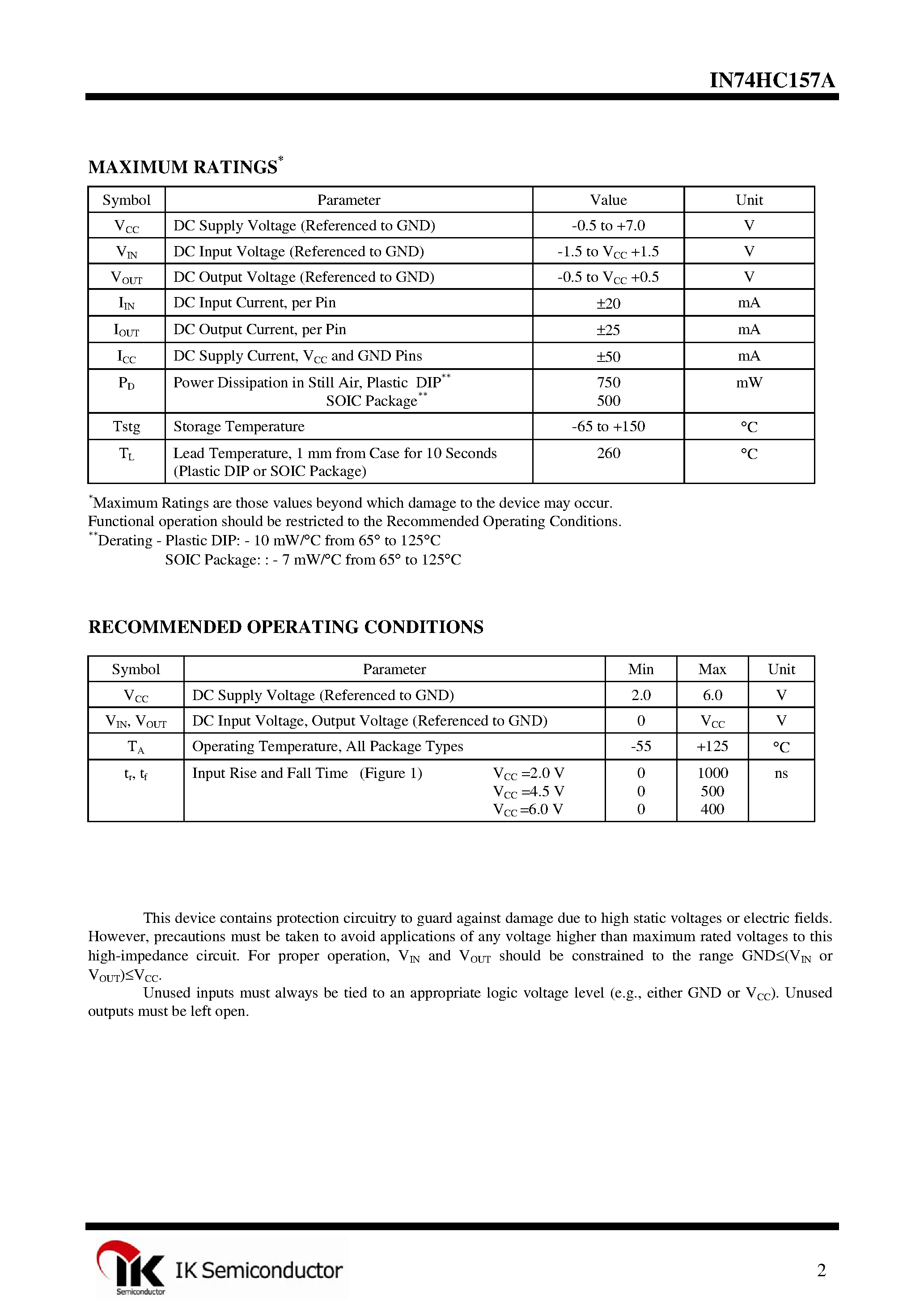 Datasheet IN74HC157A page 2 Datasheet IN74HC157A - Quad 2-1 Data Selector/Multiplexer page 2