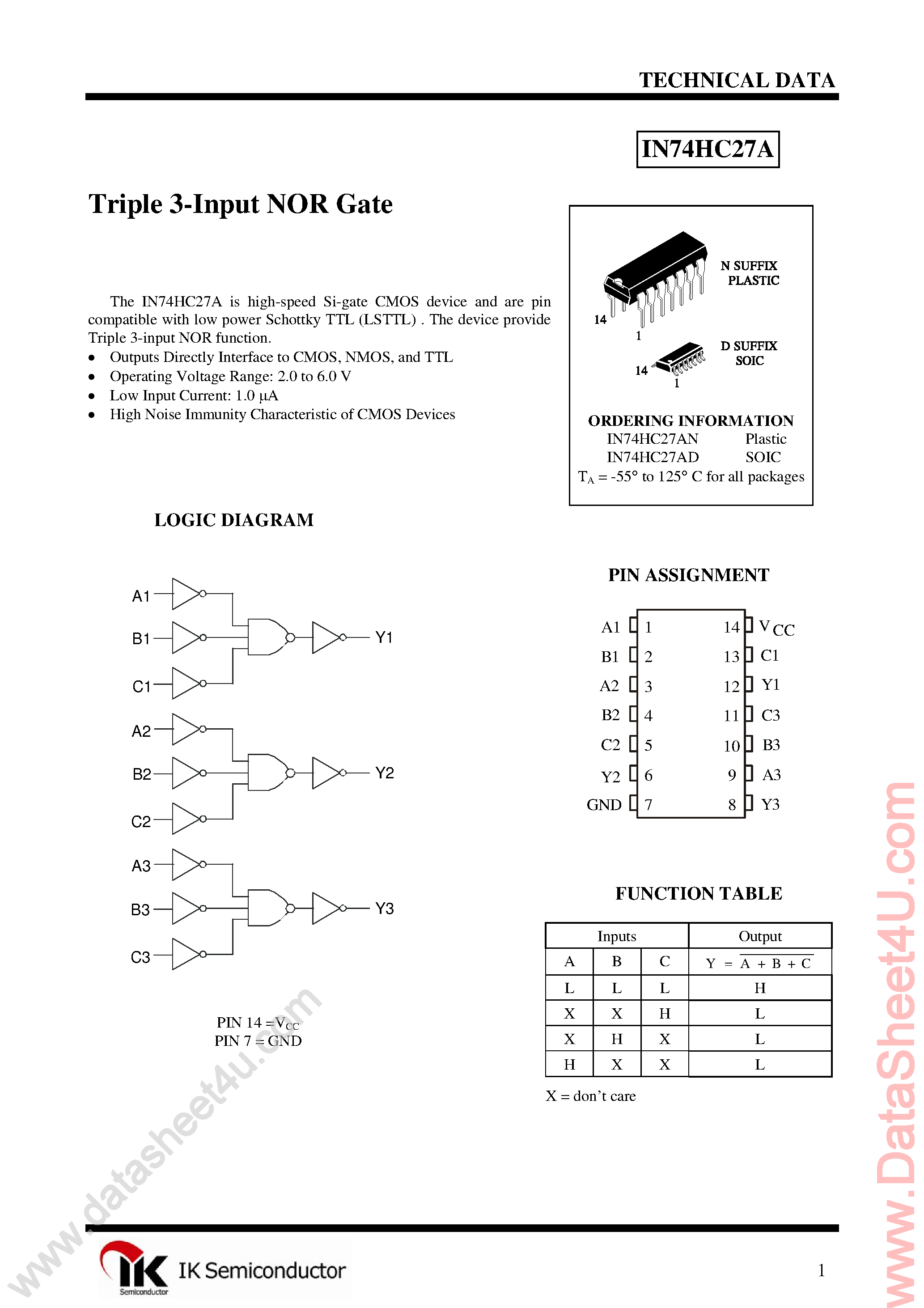 Datasheet IN74HC27A - Triple 3-Input Positive-NOR Gate page 1