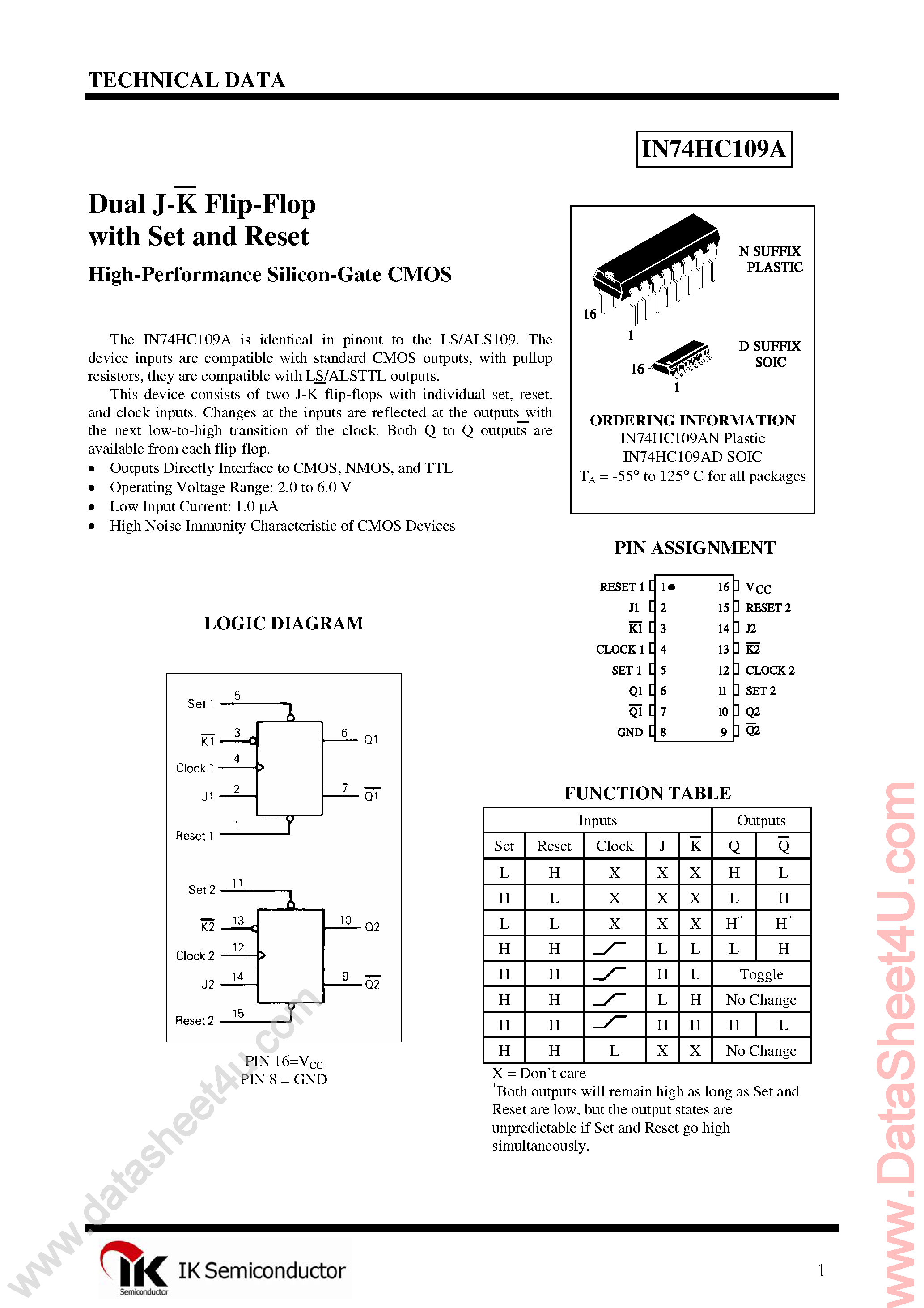 Datasheet IN74HC109A page 1 Datasheet IN74HC109A - Dual J-K Positive-Edge-Triggered Flip-Flop page 1