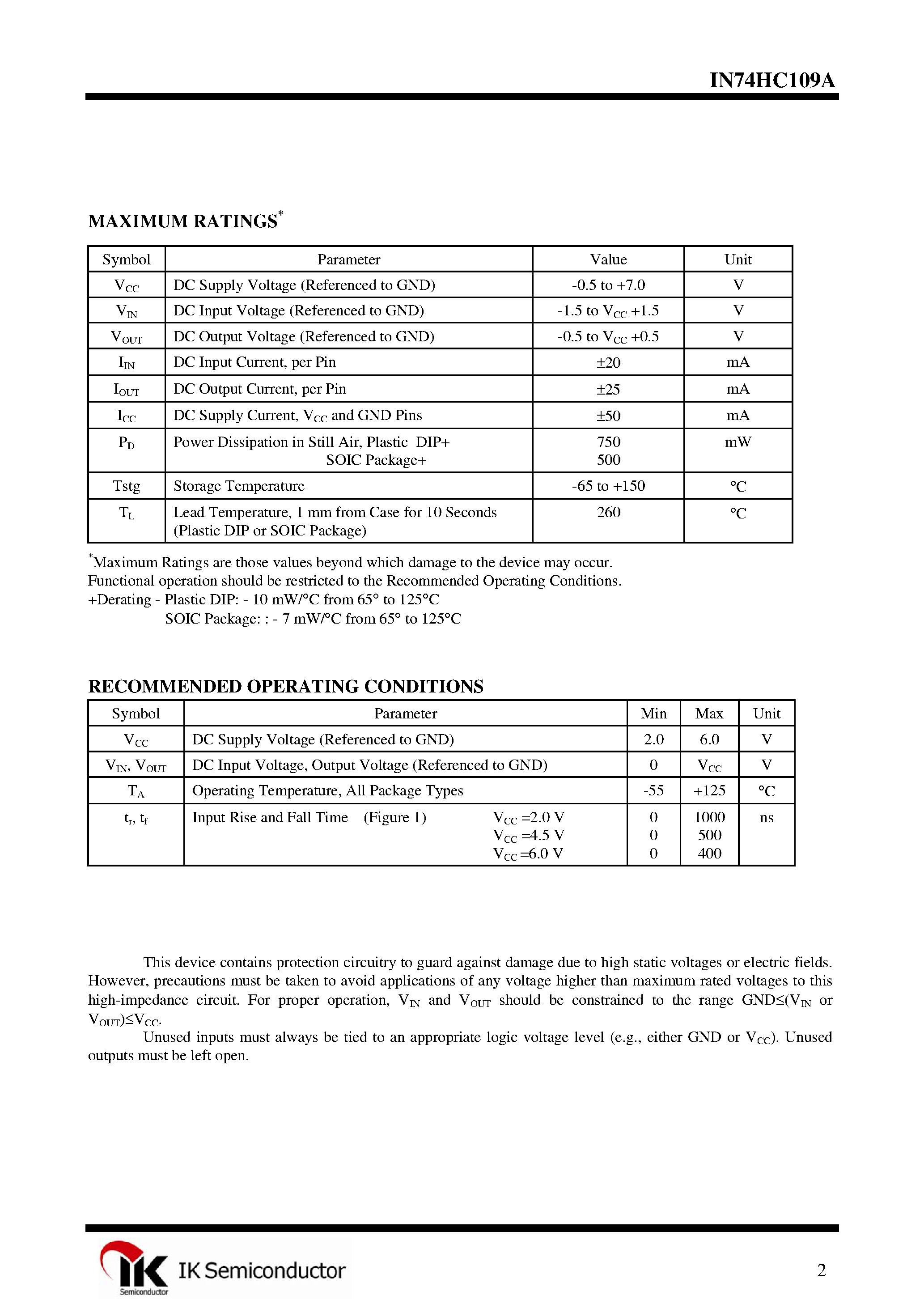 Datasheet IN74HC109A page 2 Datasheet IN74HC109A - Dual J-K Positive-Edge-Triggered Flip-Flop page 2