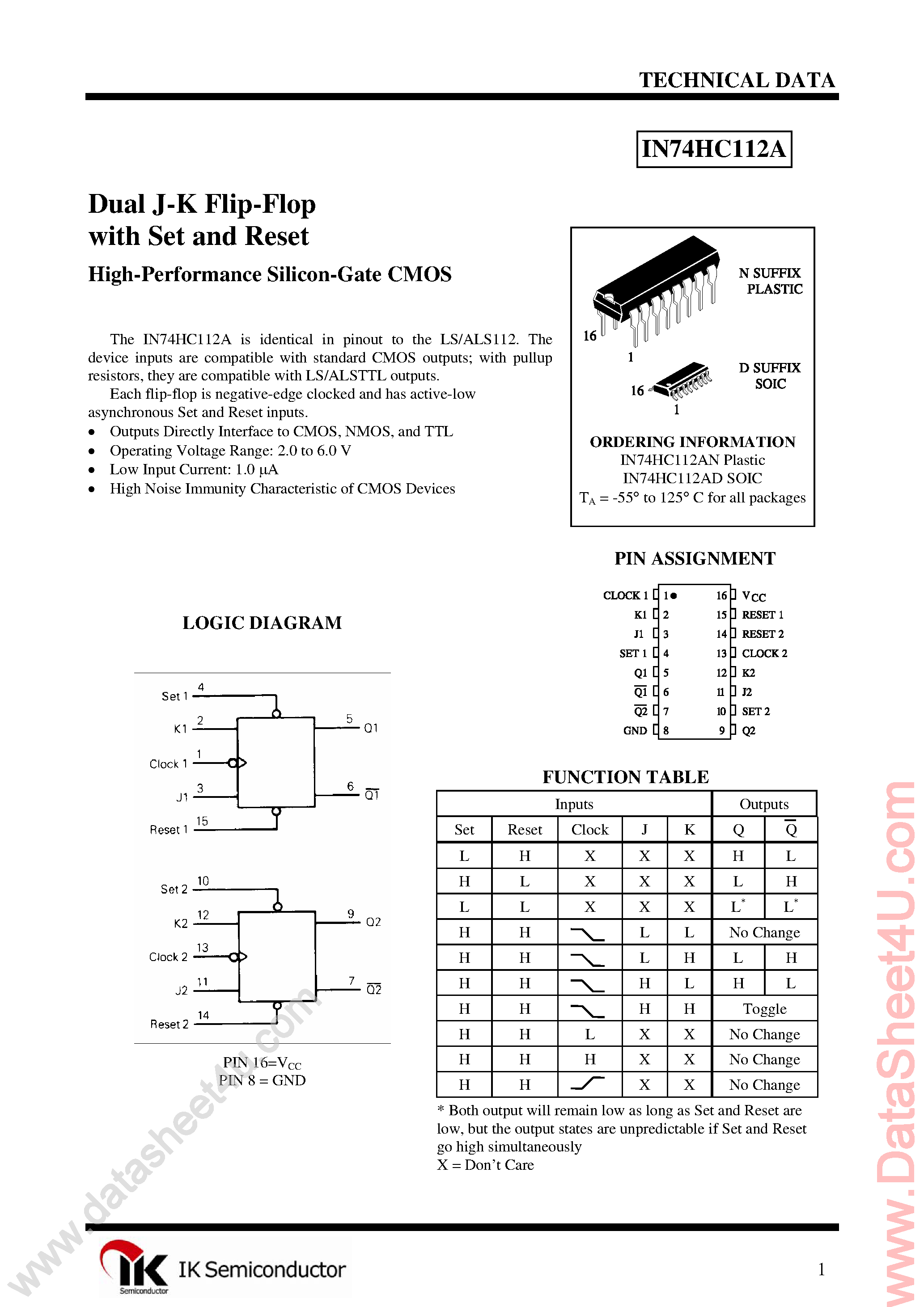 Datasheet IN74HC112A page 1 Datasheet IN74HC112A - Dual J-K Negative-Edge-Triggered Flip-Flop page 1