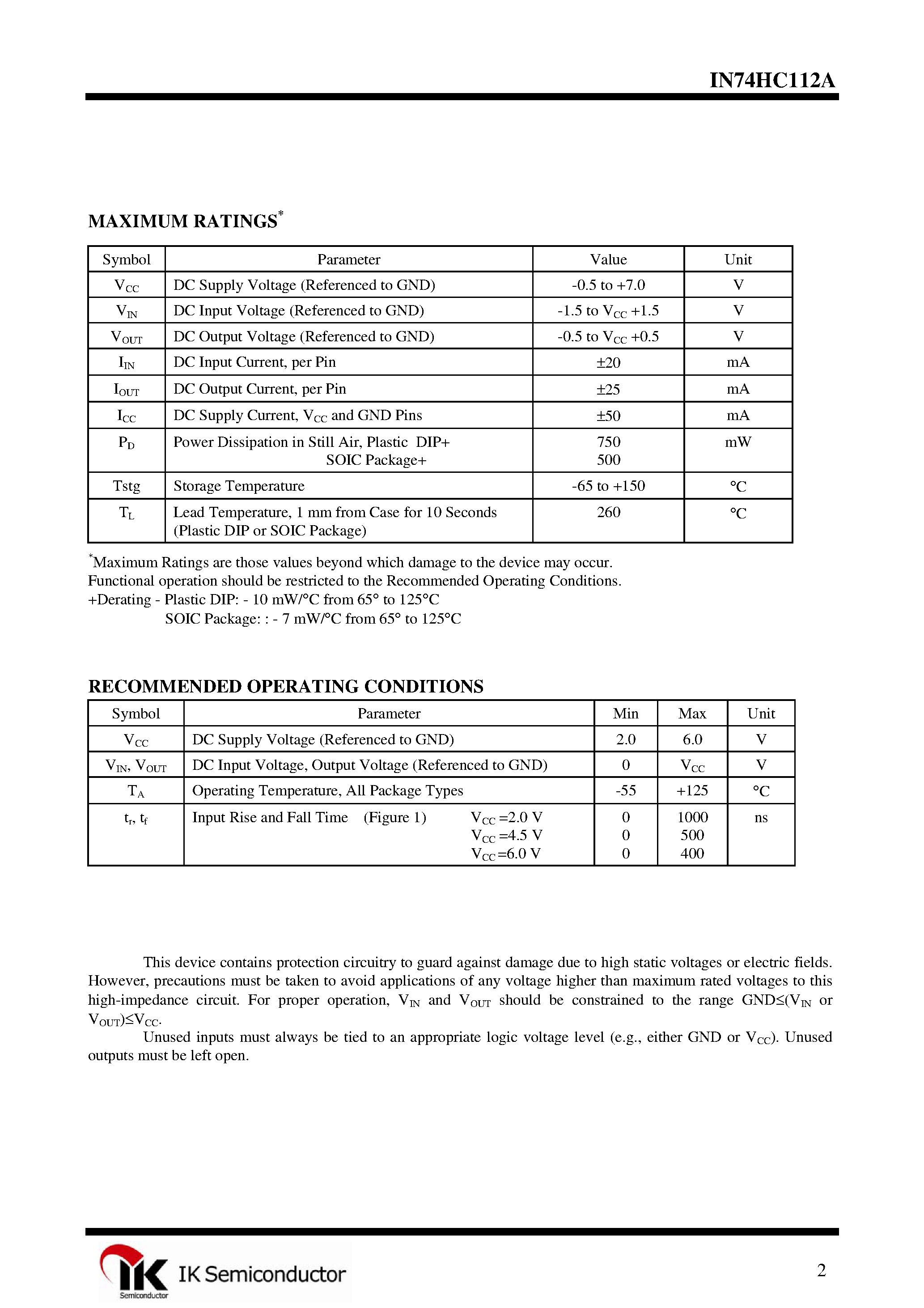 Datasheet IN74HC112A page 2 Datasheet IN74HC112A - Dual J-K Negative-Edge-Triggered Flip-Flop page 2