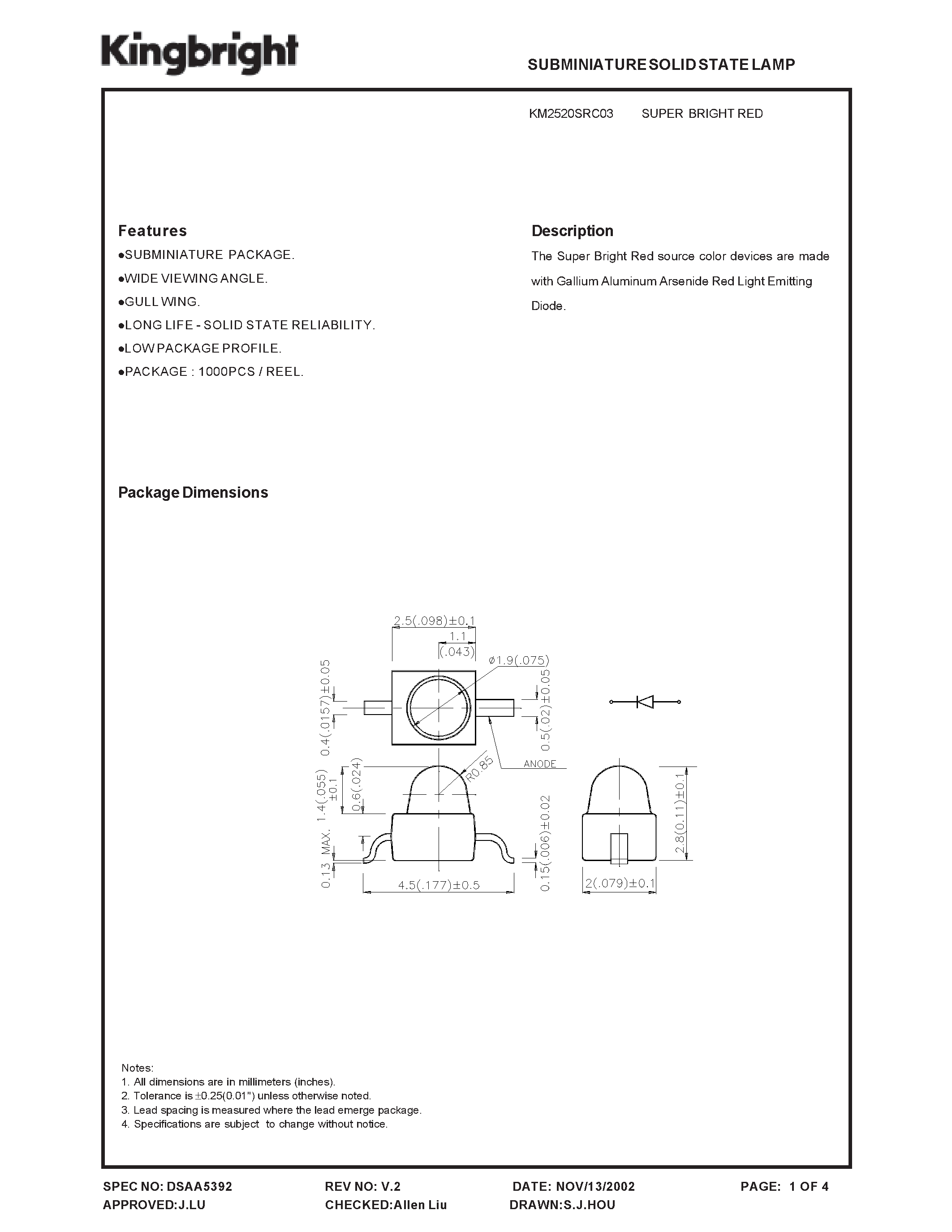 Datasheet KM2520SRC03 page 1 Datasheet KM2520SRC03 - SUBMINIATURE SOLID STATE LAMP page 1