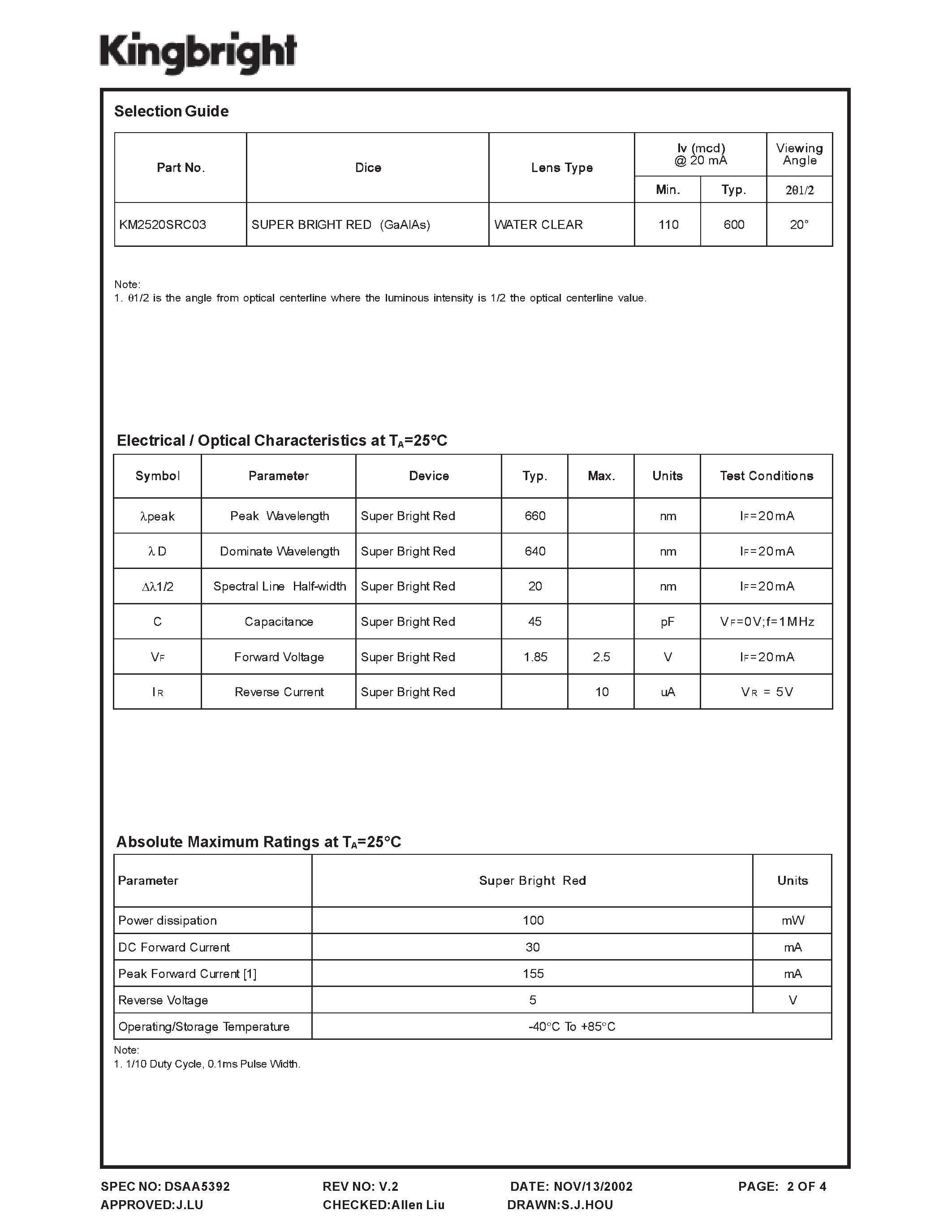 Datasheet KM2520SRC03 page 2 Datasheet KM2520SRC03 - SUBMINIATURE SOLID STATE LAMP page 2