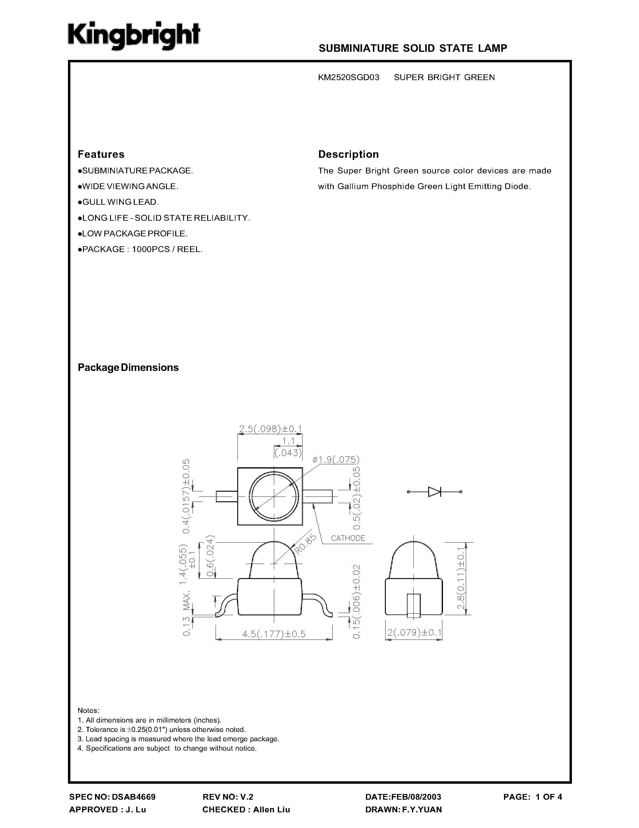 Datasheet KM2520SGD03 page 1 Datasheet KM2520SGD03 - SUBMICIATURE SOLID STATE LAMP page 1