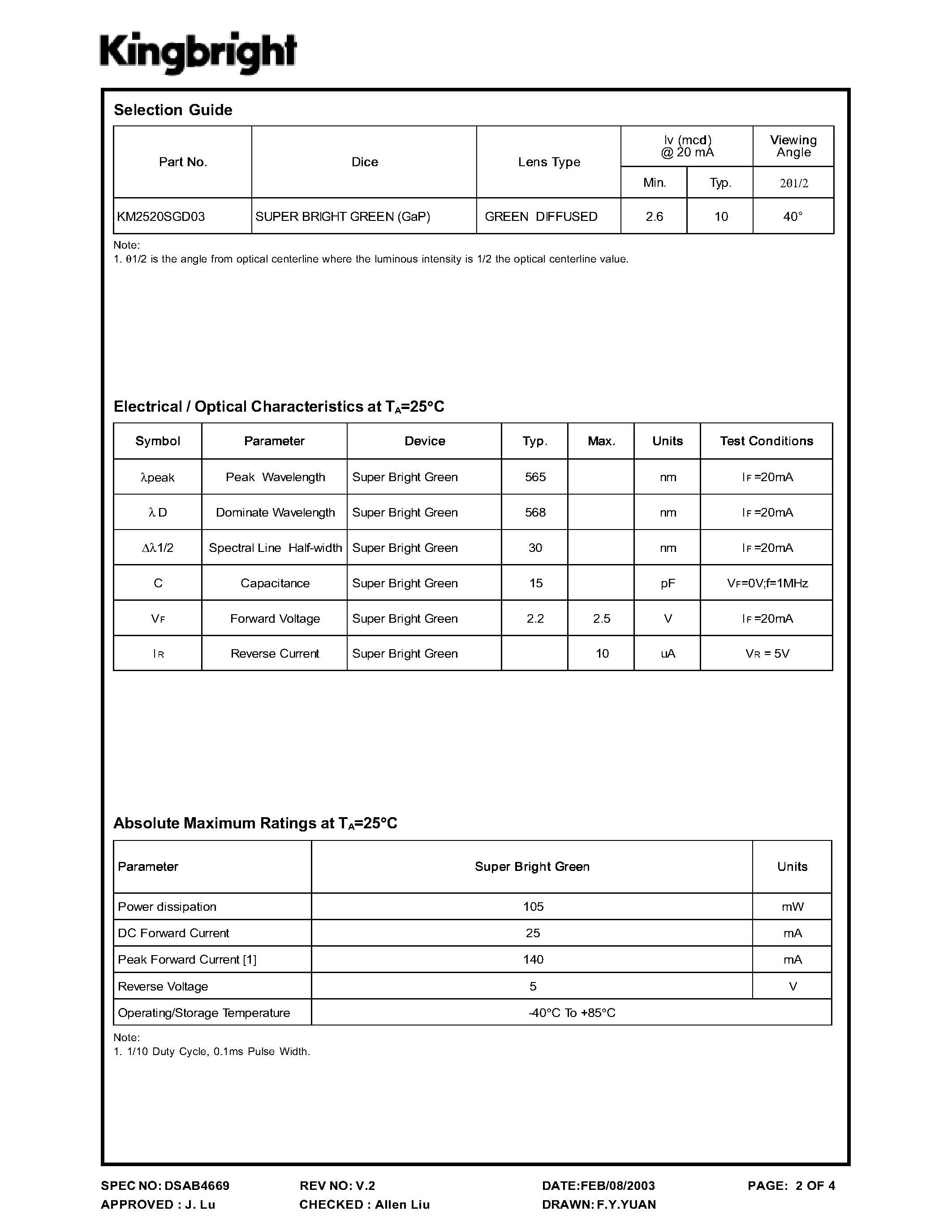 Datasheet KM2520SGD03 page 2 Datasheet KM2520SGD03 - SUBMICIATURE SOLID STATE LAMP page 2