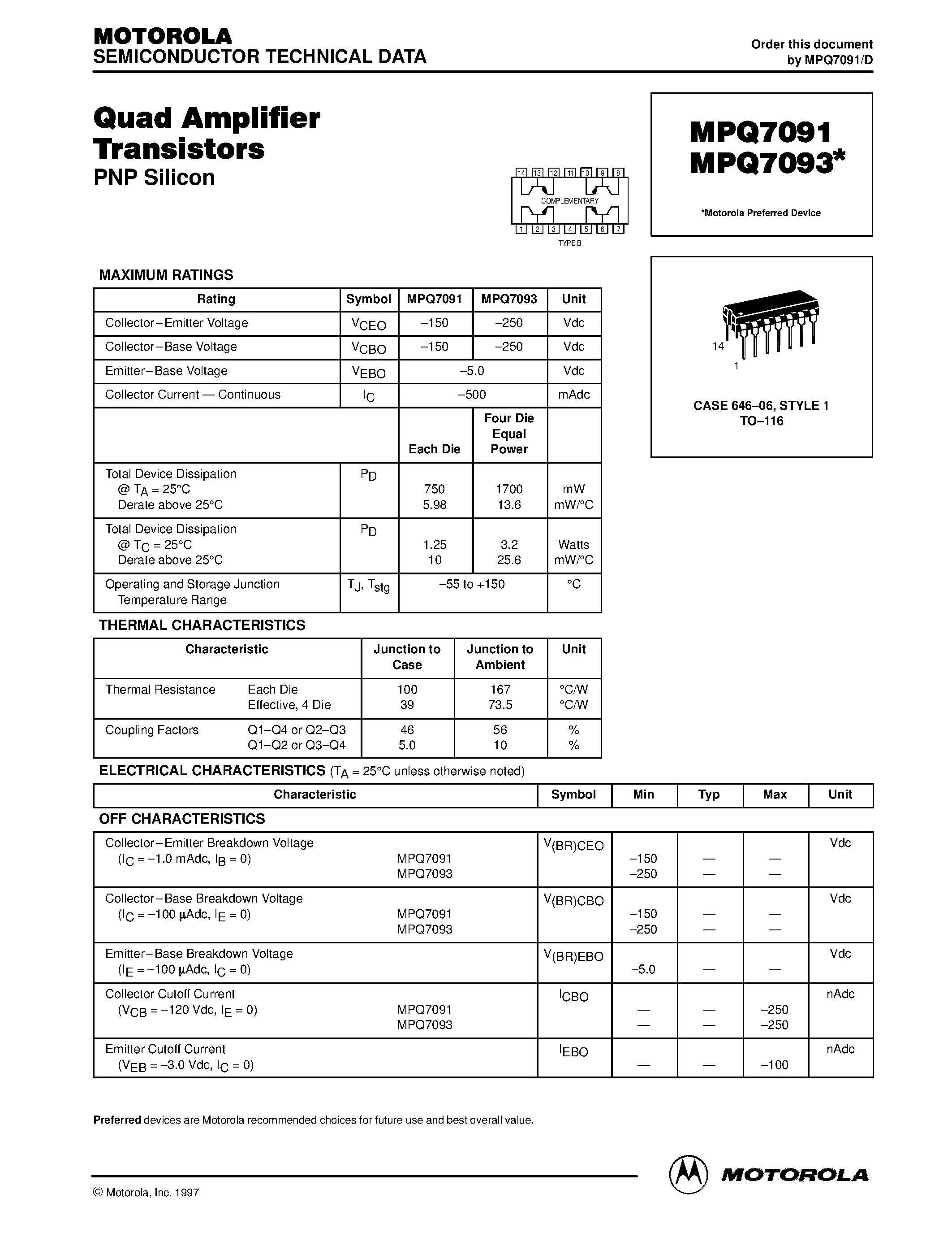 Datasheet MPQ7091 page 1 Datasheet MPQ7091 - (MPQ7091 / MPQ7093) Quad Amplifier Transistors page 1
