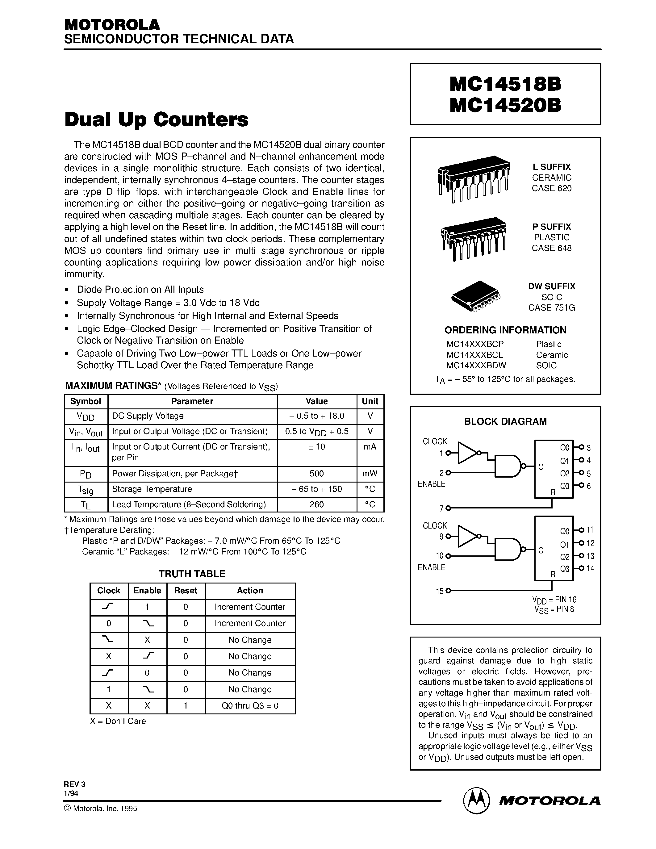 Datasheet MC14518B page 1 Datasheet MC14518B - (MC14518B / MC14520B) DUAL UP COUNTERS page 1