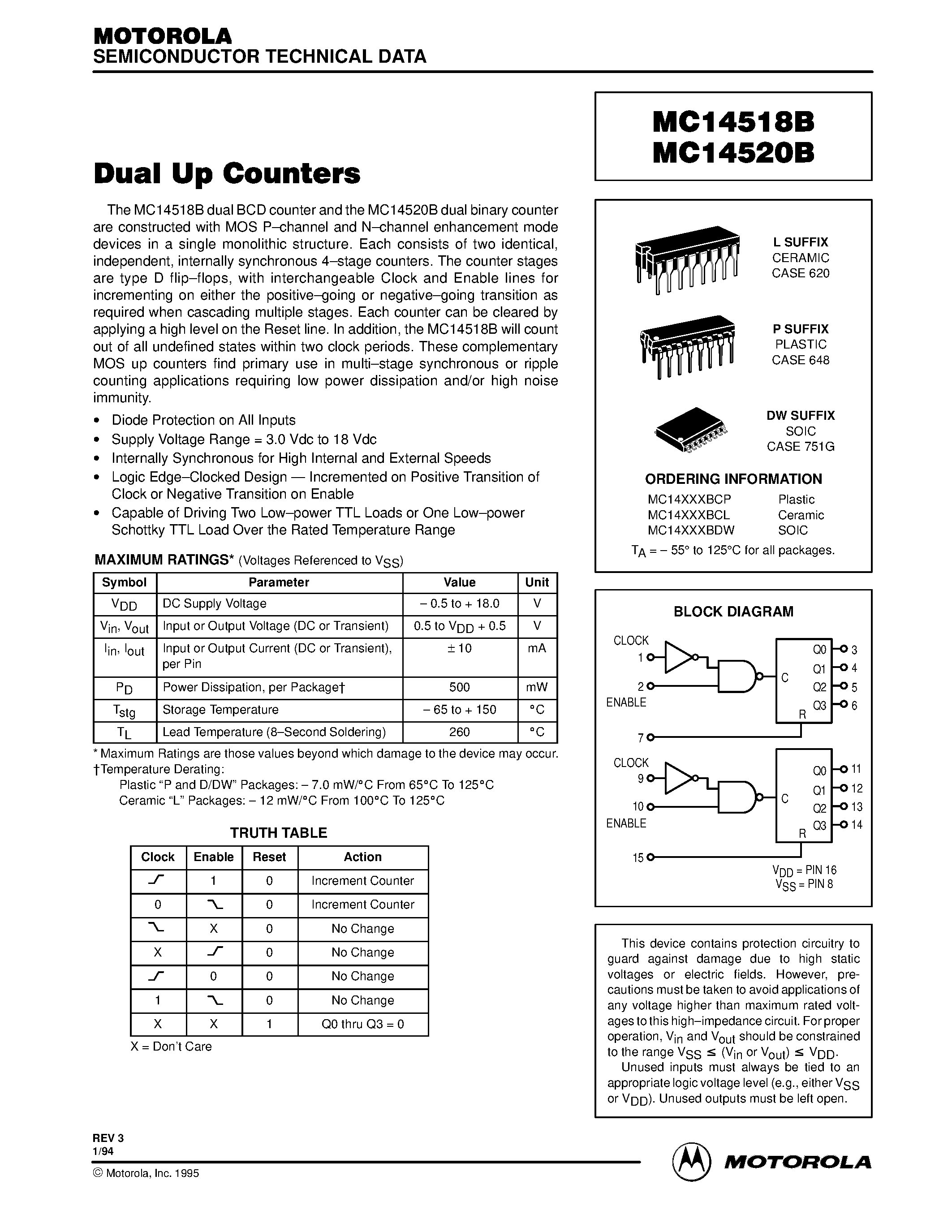 Datasheet MC14518B - (MC14518B / MC14520B) DUAL UP COUNTERS page 1