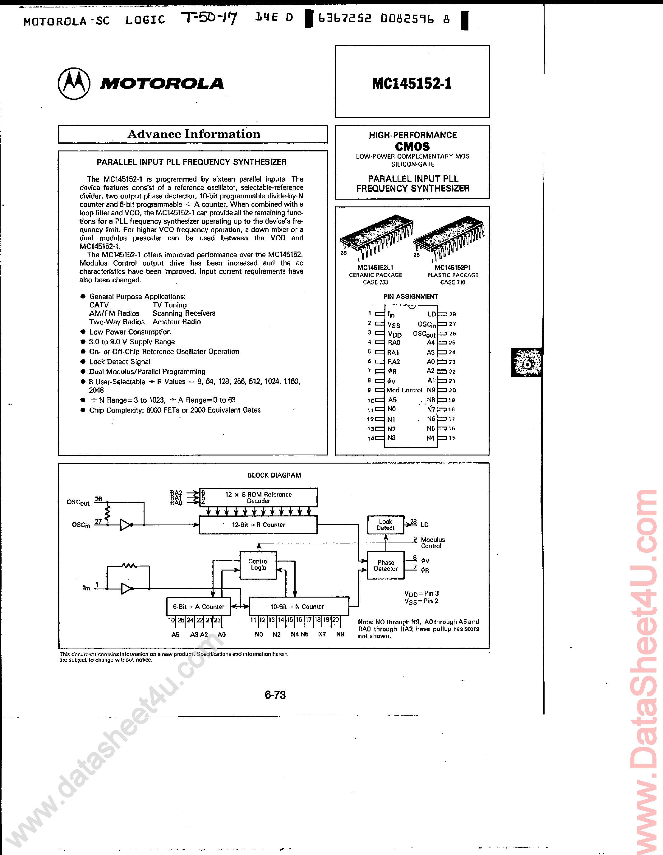 Datasheet MC145152-1 page 1 Datasheet MC145152-1 - Parallel-Input PLL Frequency Synthesizer page 1