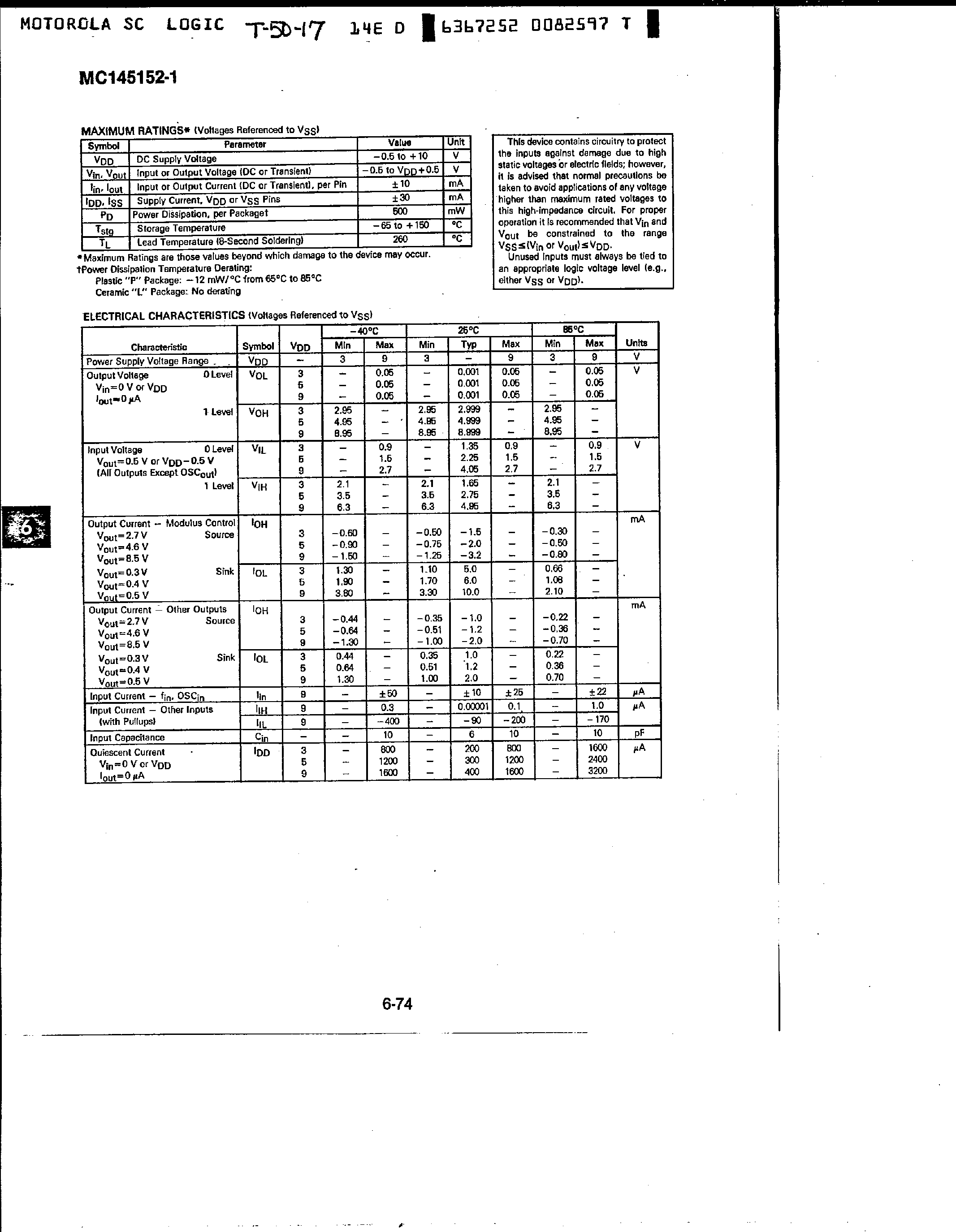 Datasheet MC145152-1 page 2 Datasheet MC145152-1 - Parallel-Input PLL Frequency Synthesizer page 2