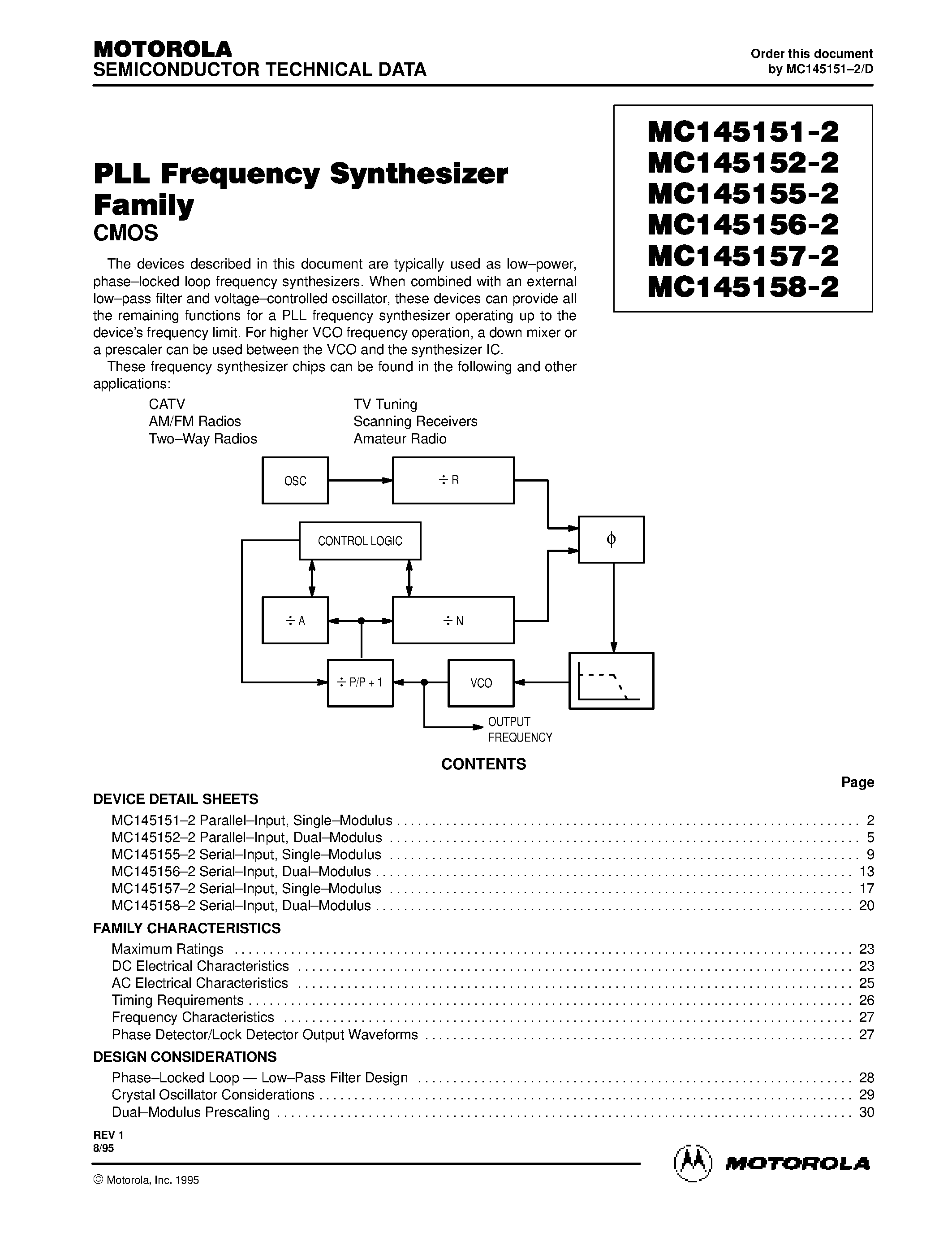 Datasheet MC145151-2 - (MC145151-2 - MC145158-2) Parallel-Input PLL Frequency Synthesizer page 1