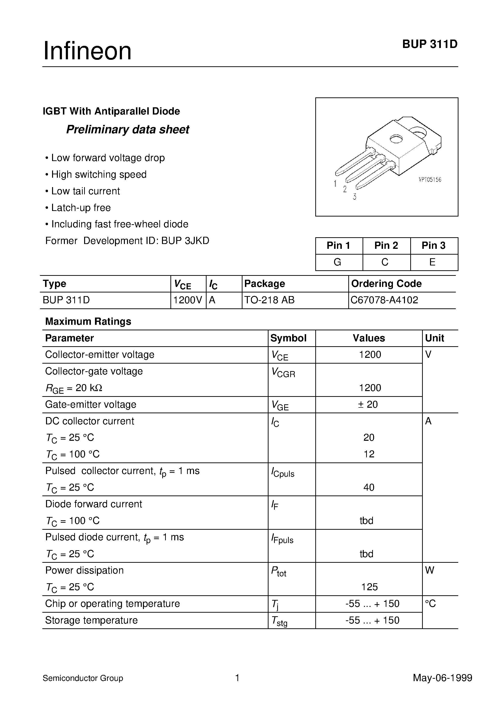 Datasheet BUP311D page 1 Datasheet BUP311D - IGBT With Antiparallel Diode Preliminary data sheet page 1