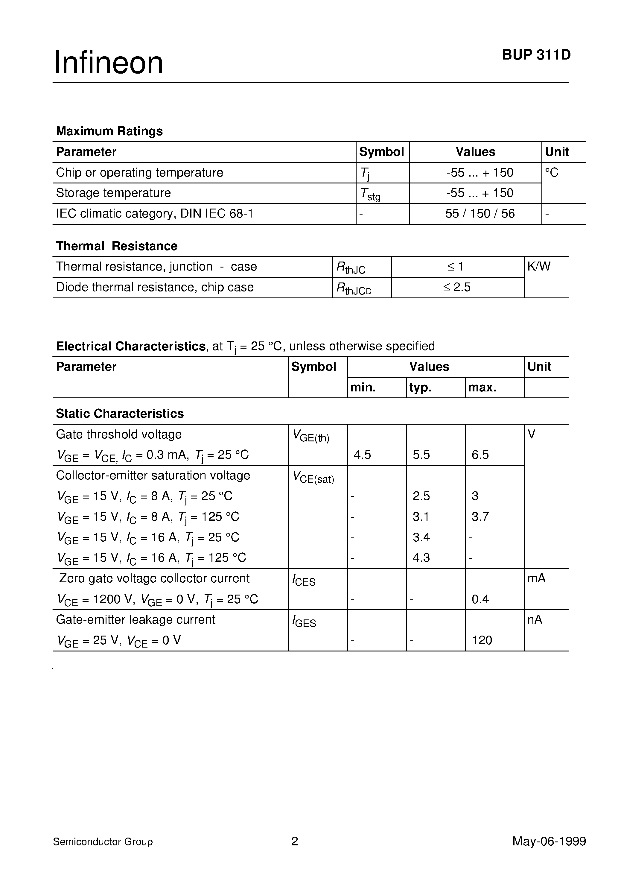 Datasheet BUP311D page 2 Datasheet BUP311D - IGBT With Antiparallel Diode Preliminary data sheet page 2