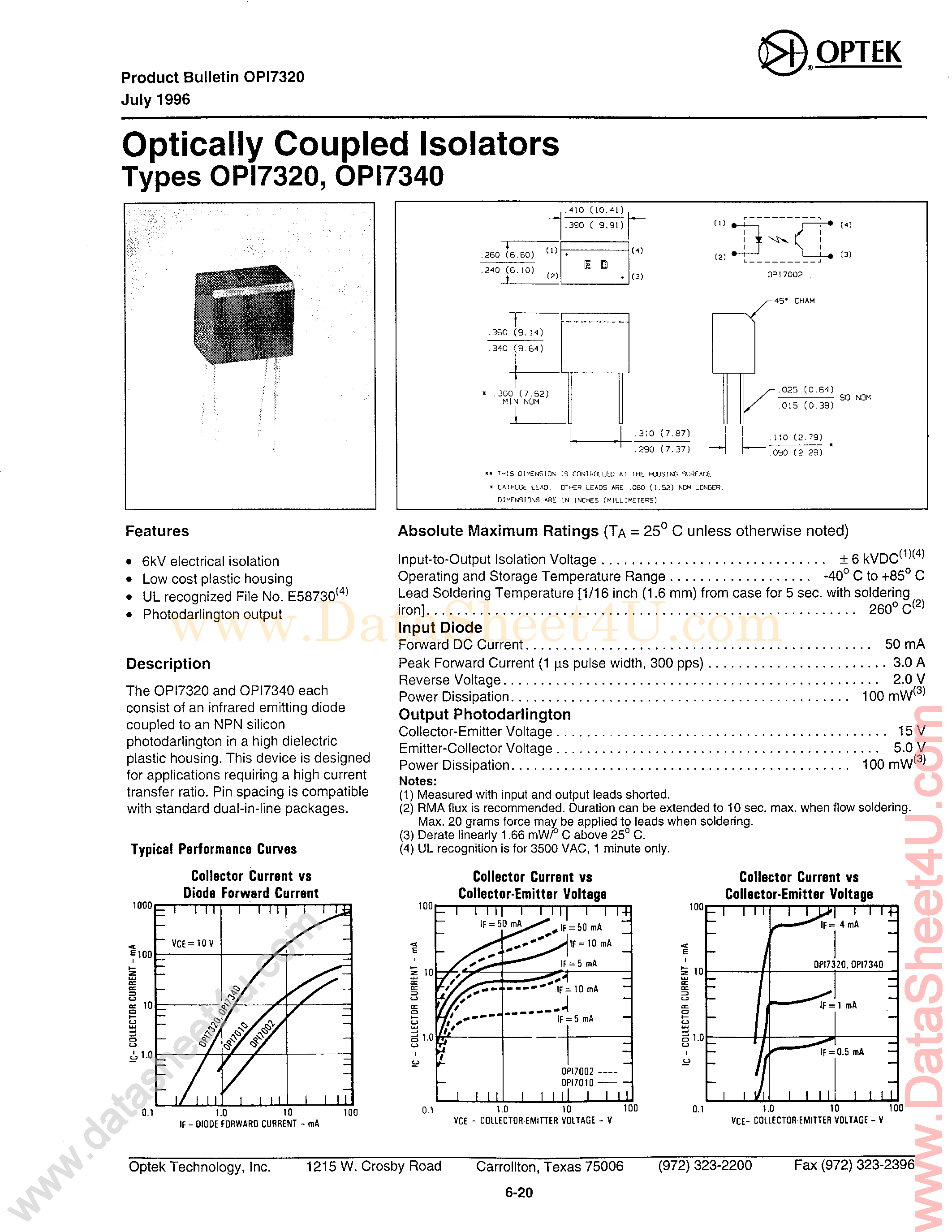 Datasheet OPI7320 - (OPI7320 / OPI7340) 6KVDC Opto ISOlator Plastic ISOlator 0.4 Inch page 1