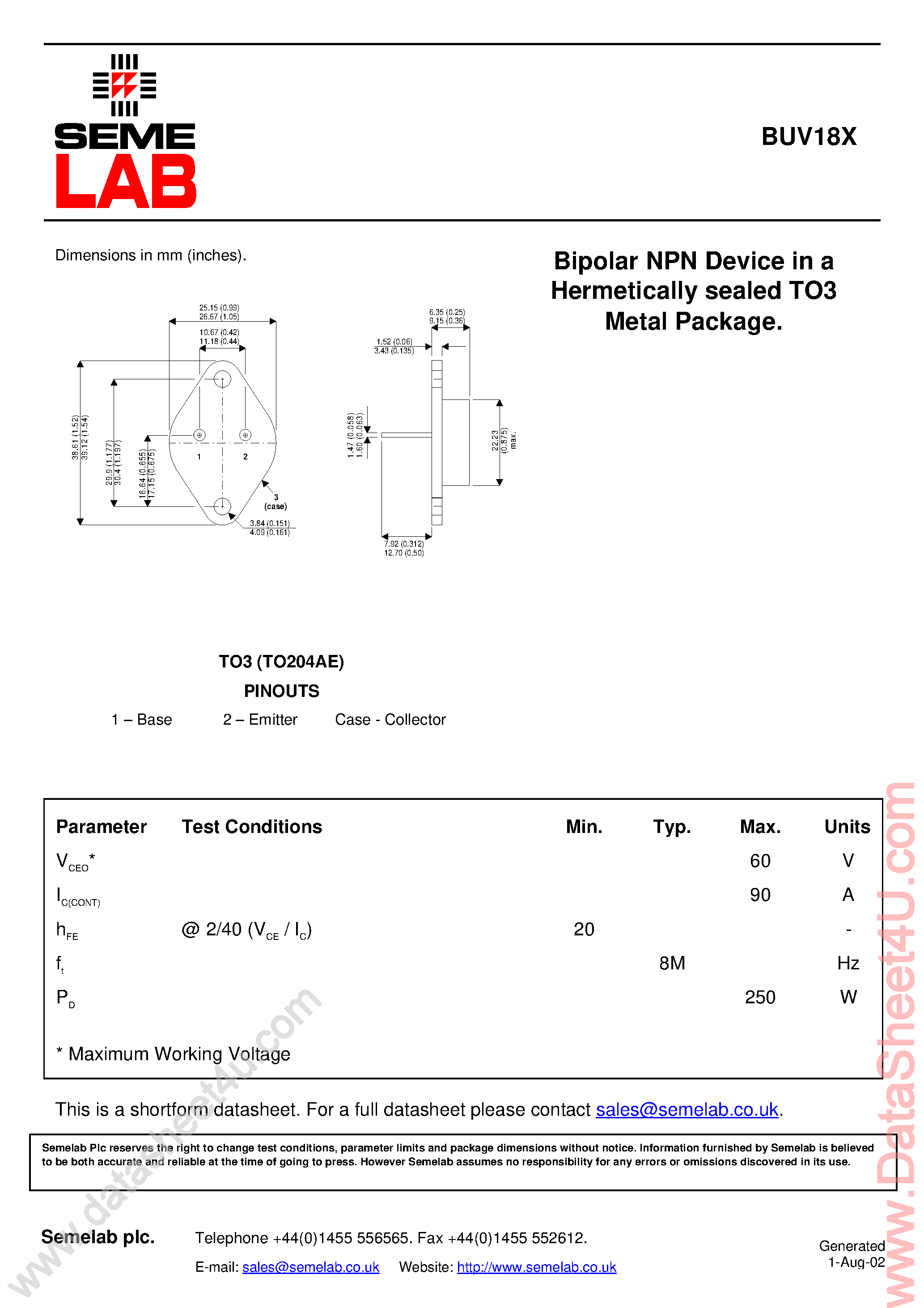 Datasheet BUV18X - Bipolar NPN Device in a Hermetically sealed TO3 Metal Package page 1