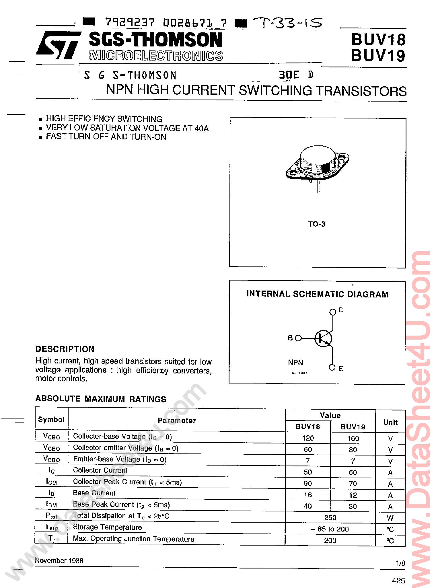 Даташит BUV18 - (BUV18 / BUV19) NPN High Current Switching Transistors страница 1