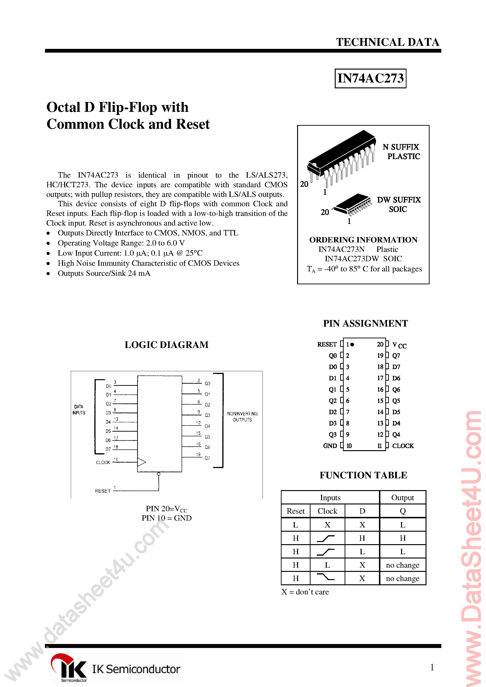 Даташит IN74AC273 - Octal D-Type Flip-Flop страница 1