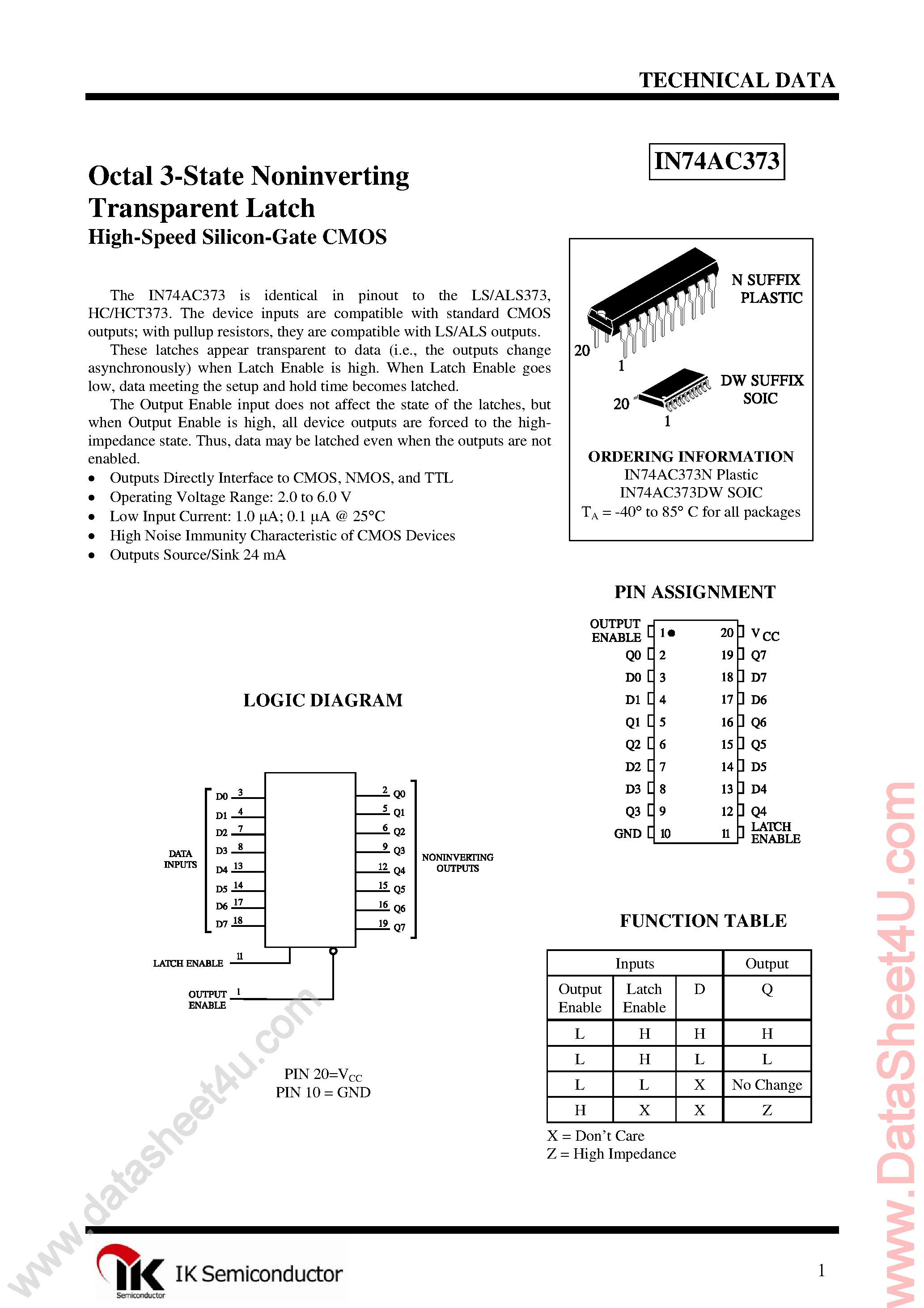 Даташит IN74AC373 - Octal D-Type Latch страница 1