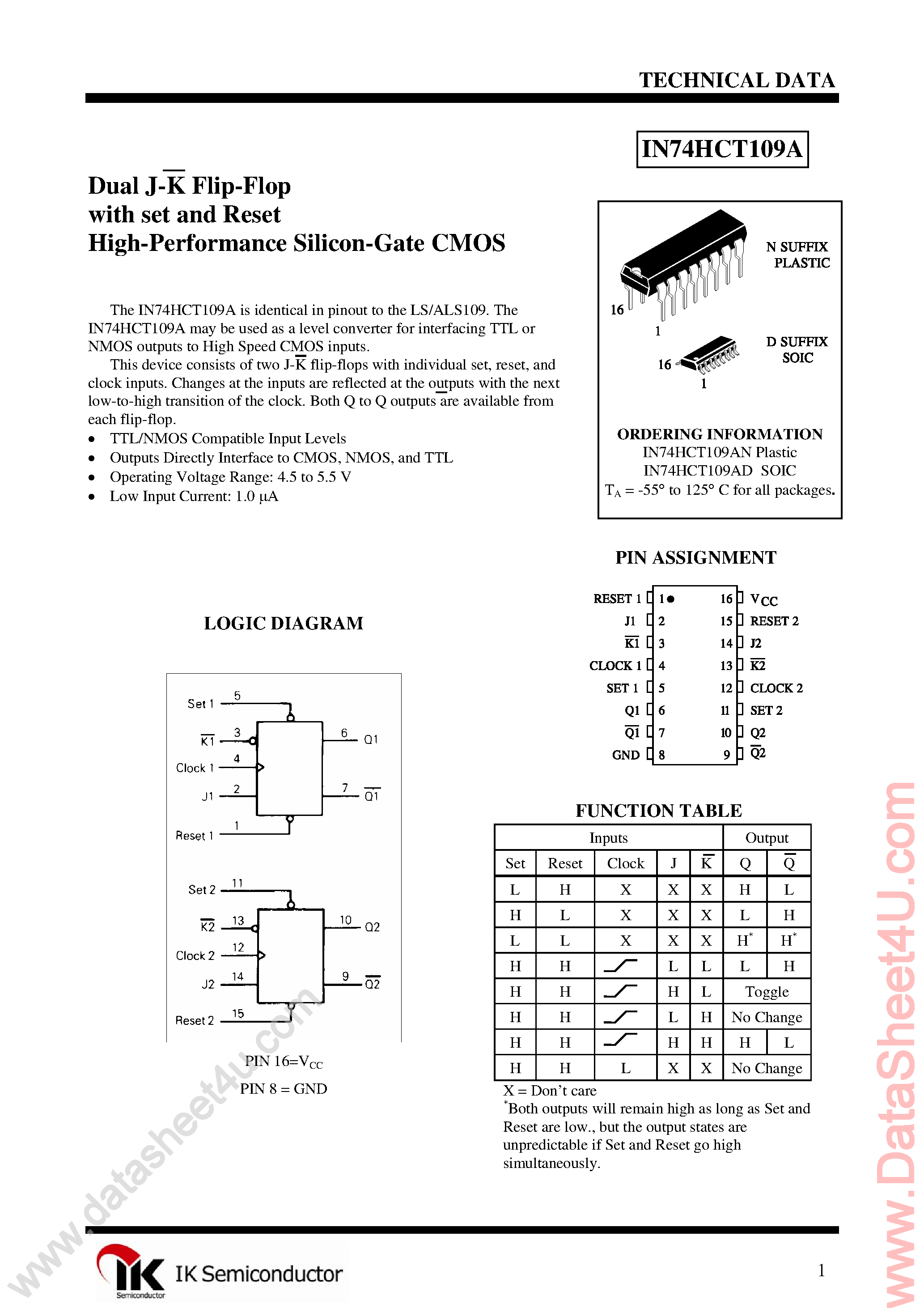 Datasheet IN74HCT109A page 1 Datasheet IN74HCT109A - Dual J-K Positive-Edge-Triggered Flip-Flop page 1