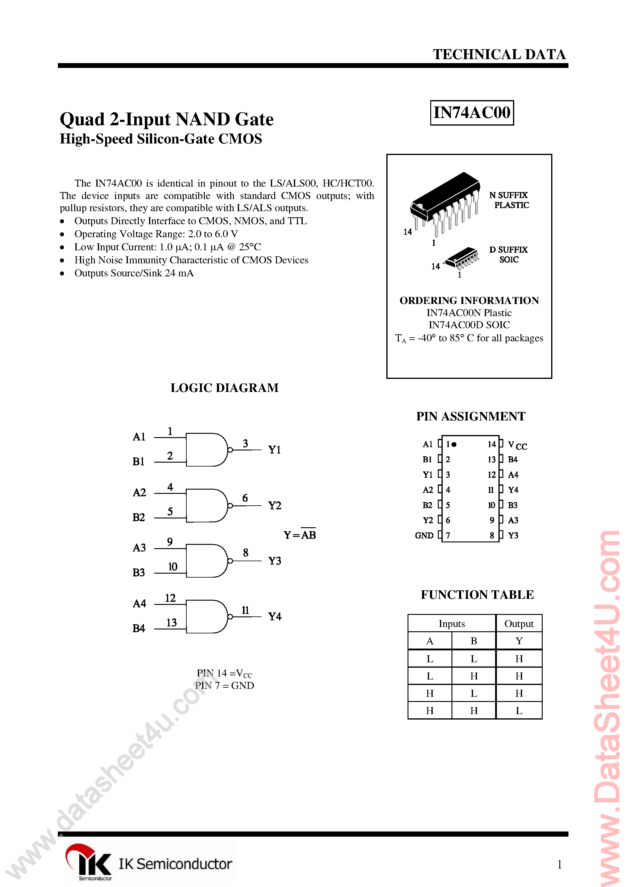 Datasheet IN74AC00 page 1 Datasheet IN74AC00 - Quad 2-Input NAND Gate page 1