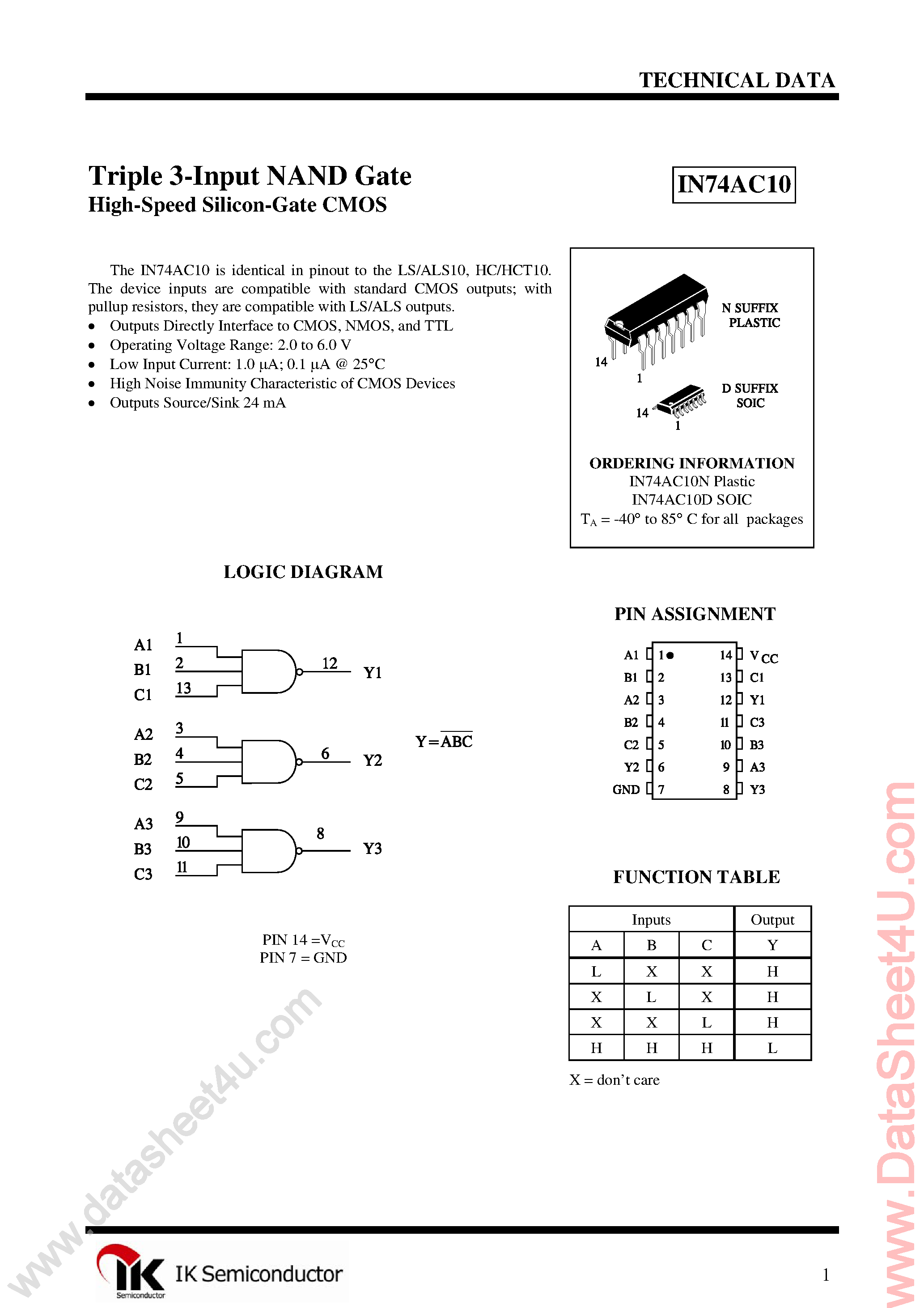Datasheet IN74AC10 - Triple 3-Input Positive-NAND Gate page 1