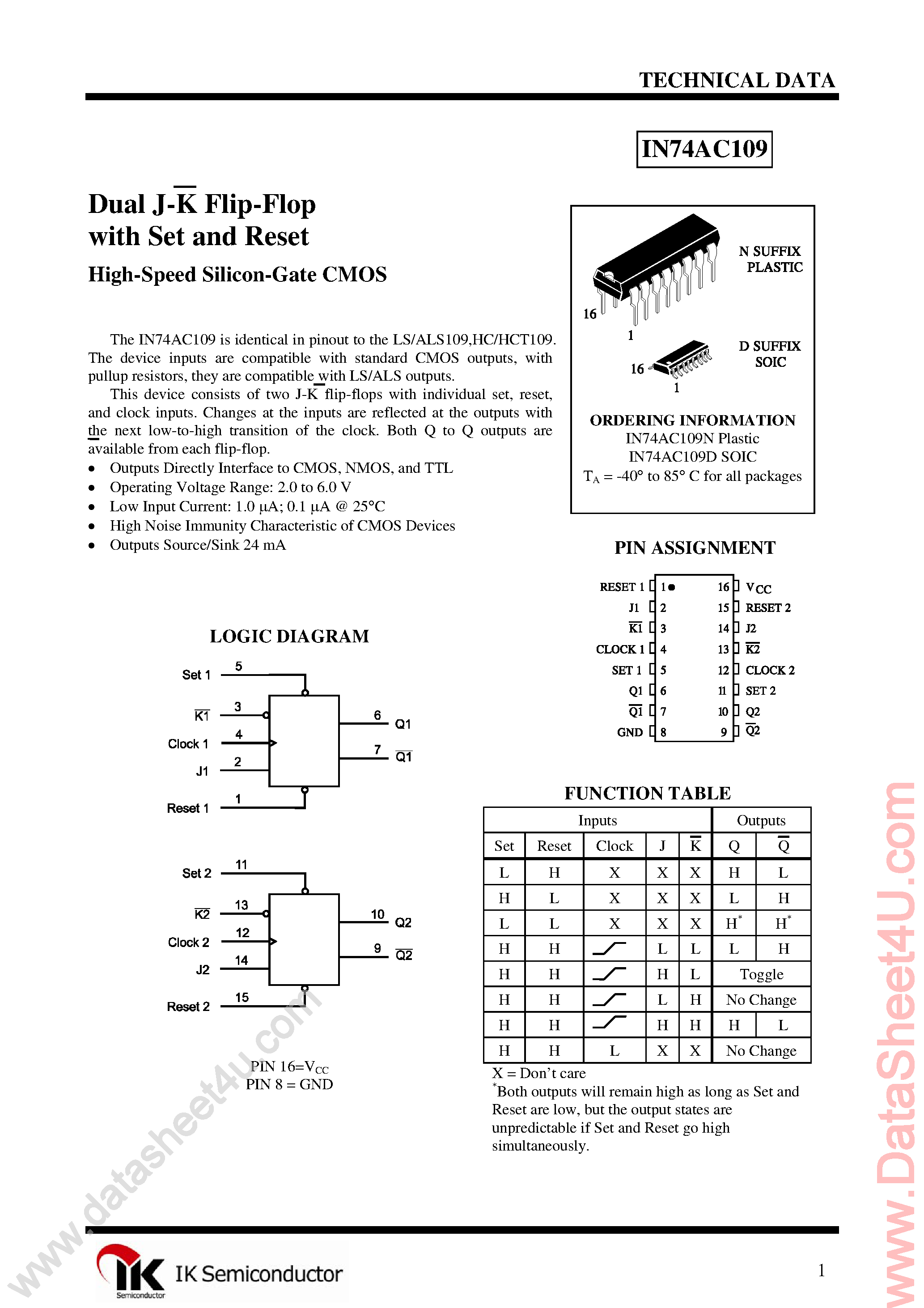 Datasheet IN74AC109 - Dual J-K Positive-Edge-Triggered Flip-Flop page 1