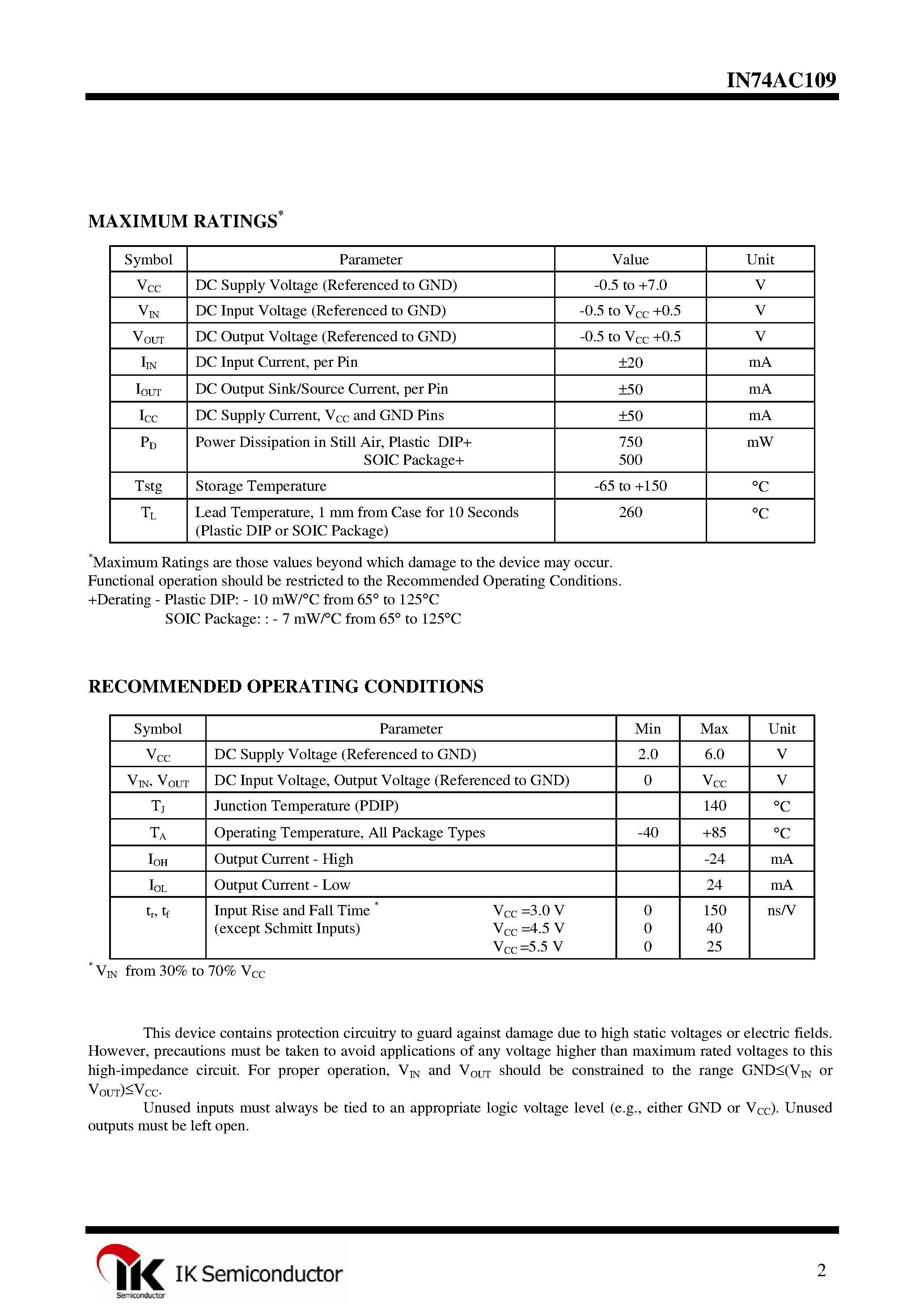 Datasheet IN74AC109 - Dual J-K Positive-Edge-Triggered Flip-Flop page 2