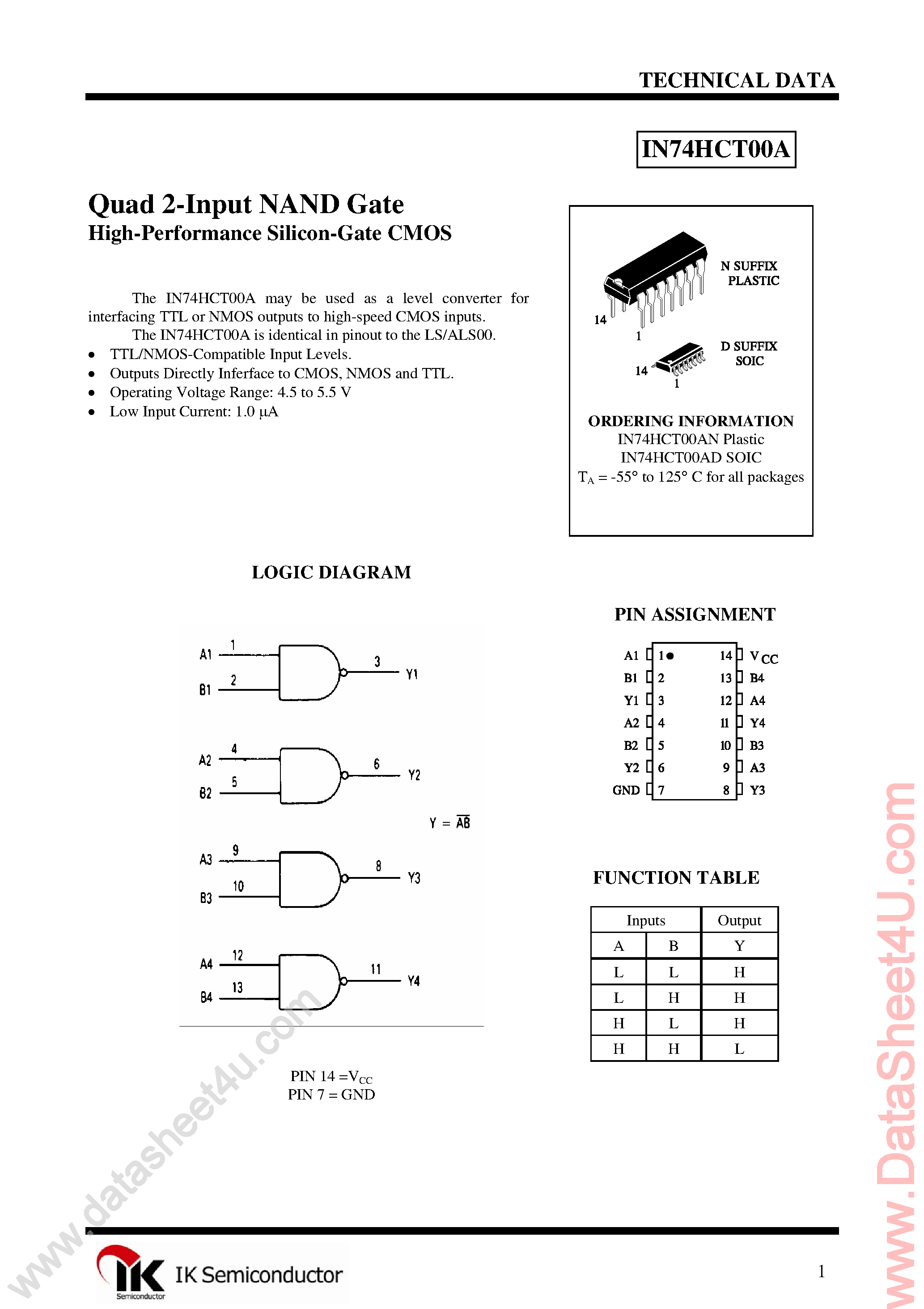 Datasheet IN74HCT00A page 1 Datasheet IN74HCT00A - Quad 2-Input NAND Gate page 1