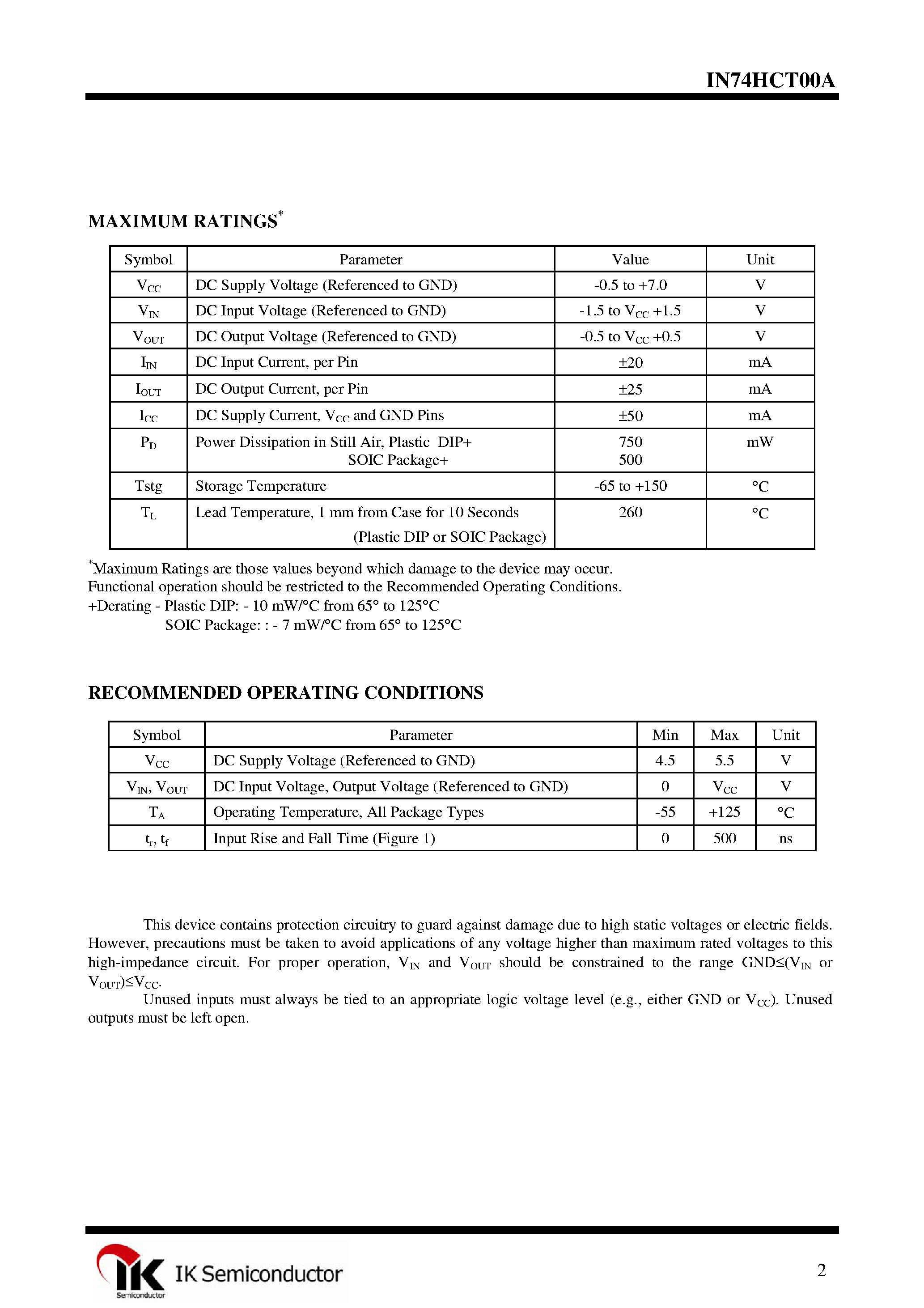 Datasheet IN74HCT00A page 2 Datasheet IN74HCT00A - Quad 2-Input NAND Gate page 2