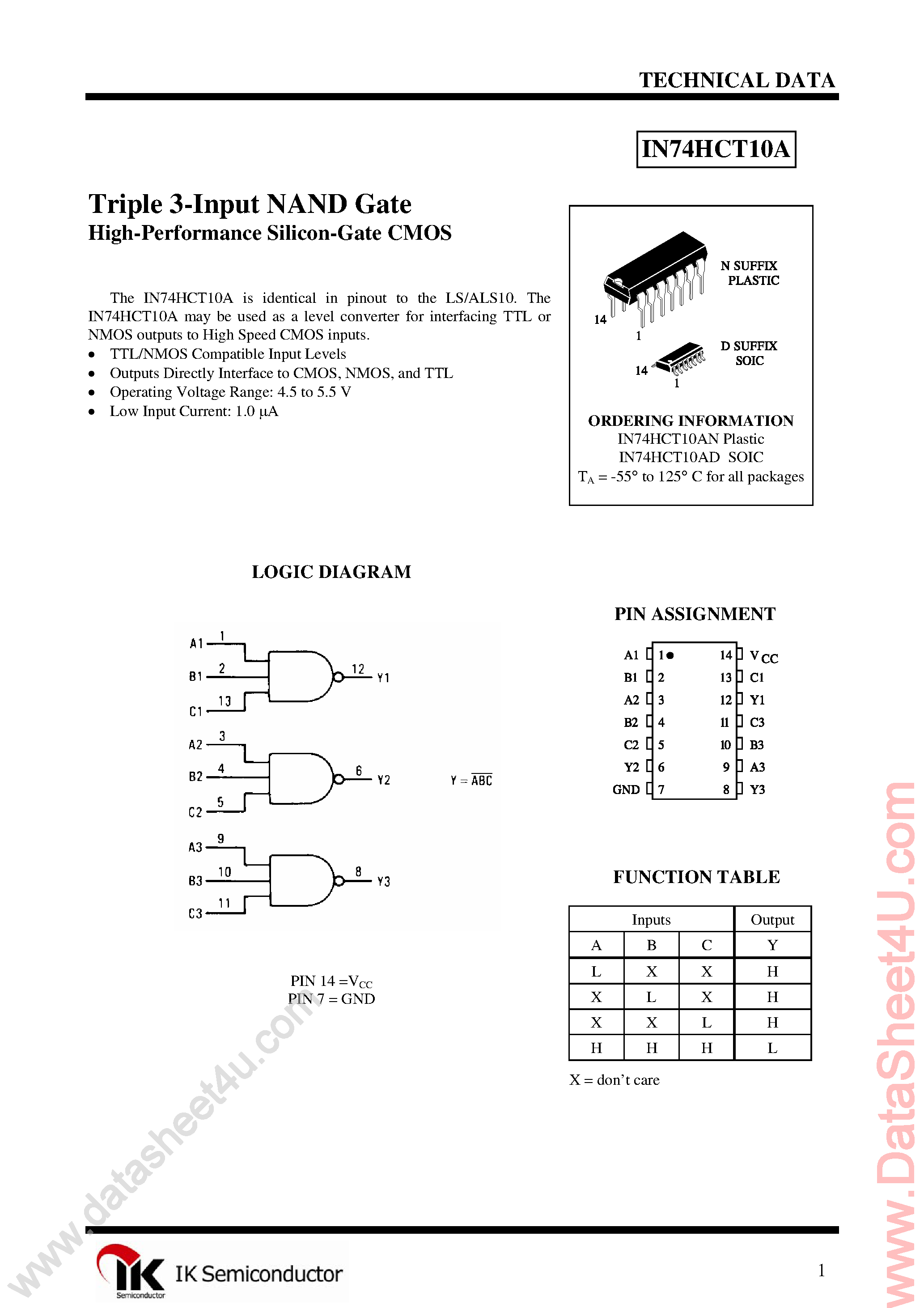 Datasheet IN74HCT10A - Triple 3-Input NAND Gate page 1