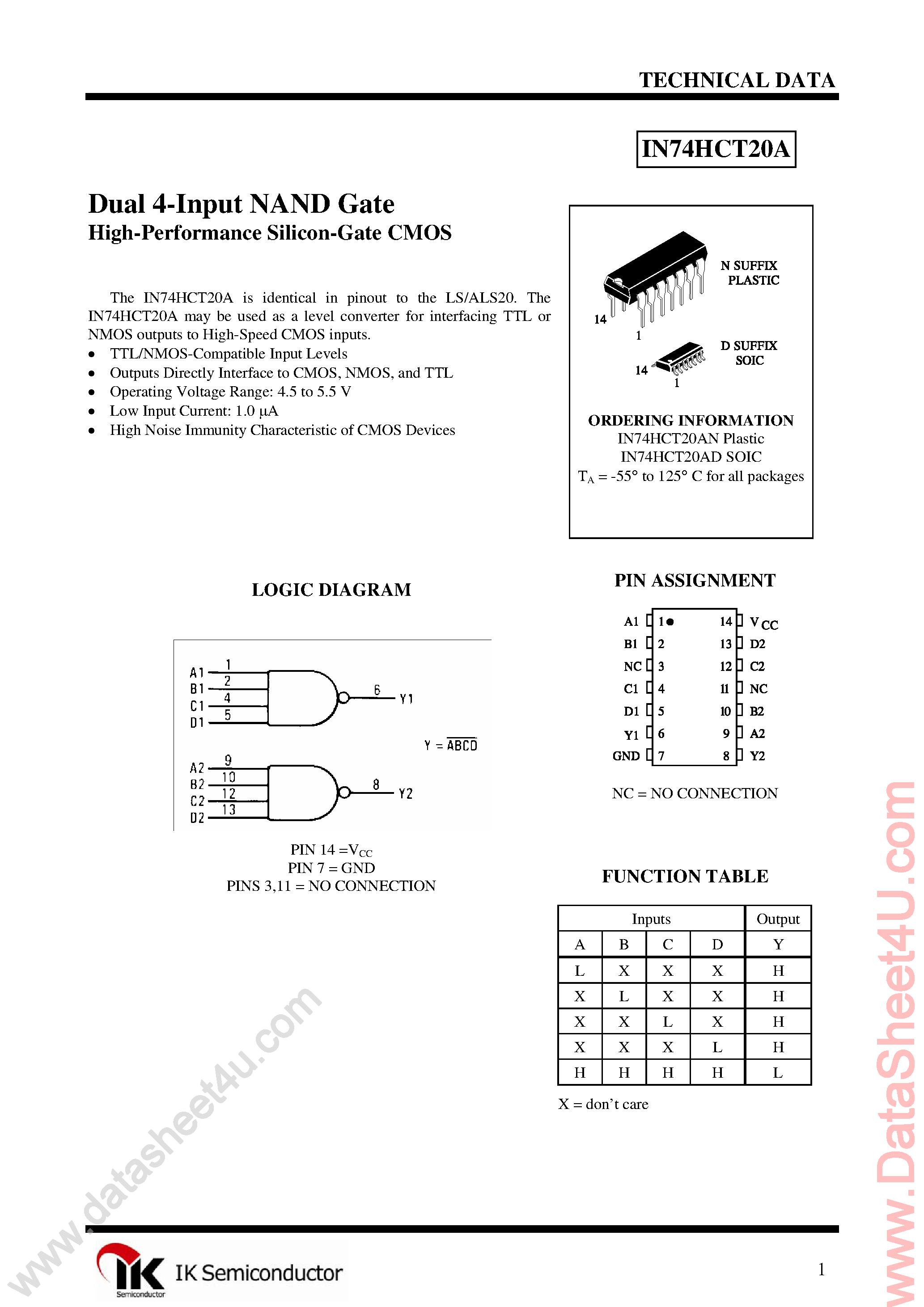 Даташит IN74HCT20A - Dual 4-Input NAND Gate страница 1