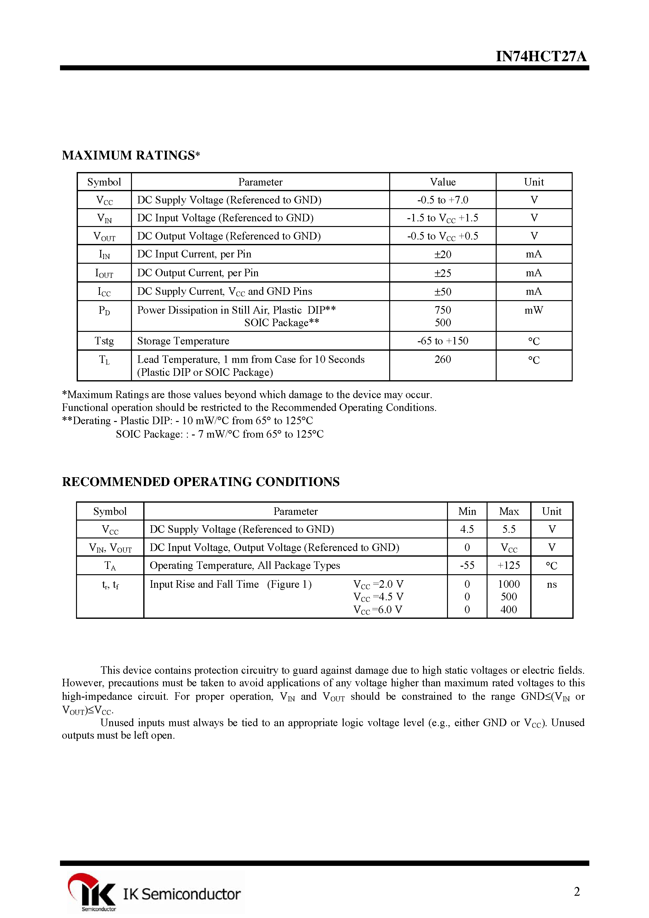 Datasheet IN74HCT27A - Triple 3-Input Positive-NOR Gate page 2