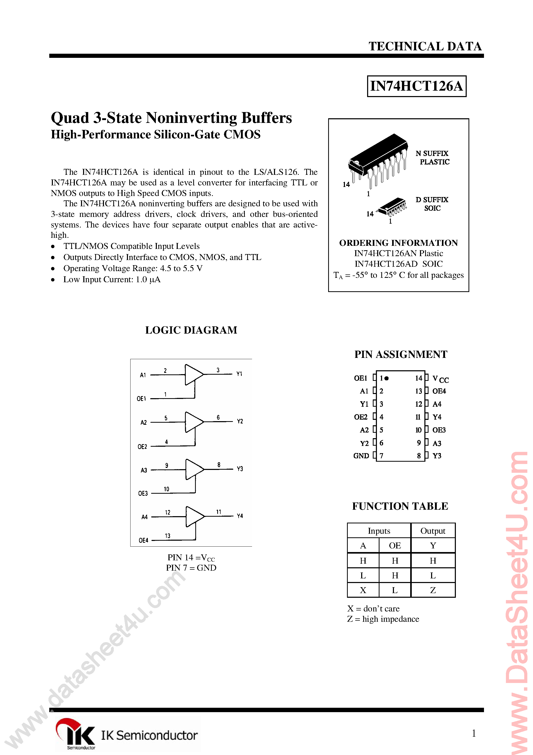 Datasheet IN74HCT126A - Quad 3-State Buffer page 1