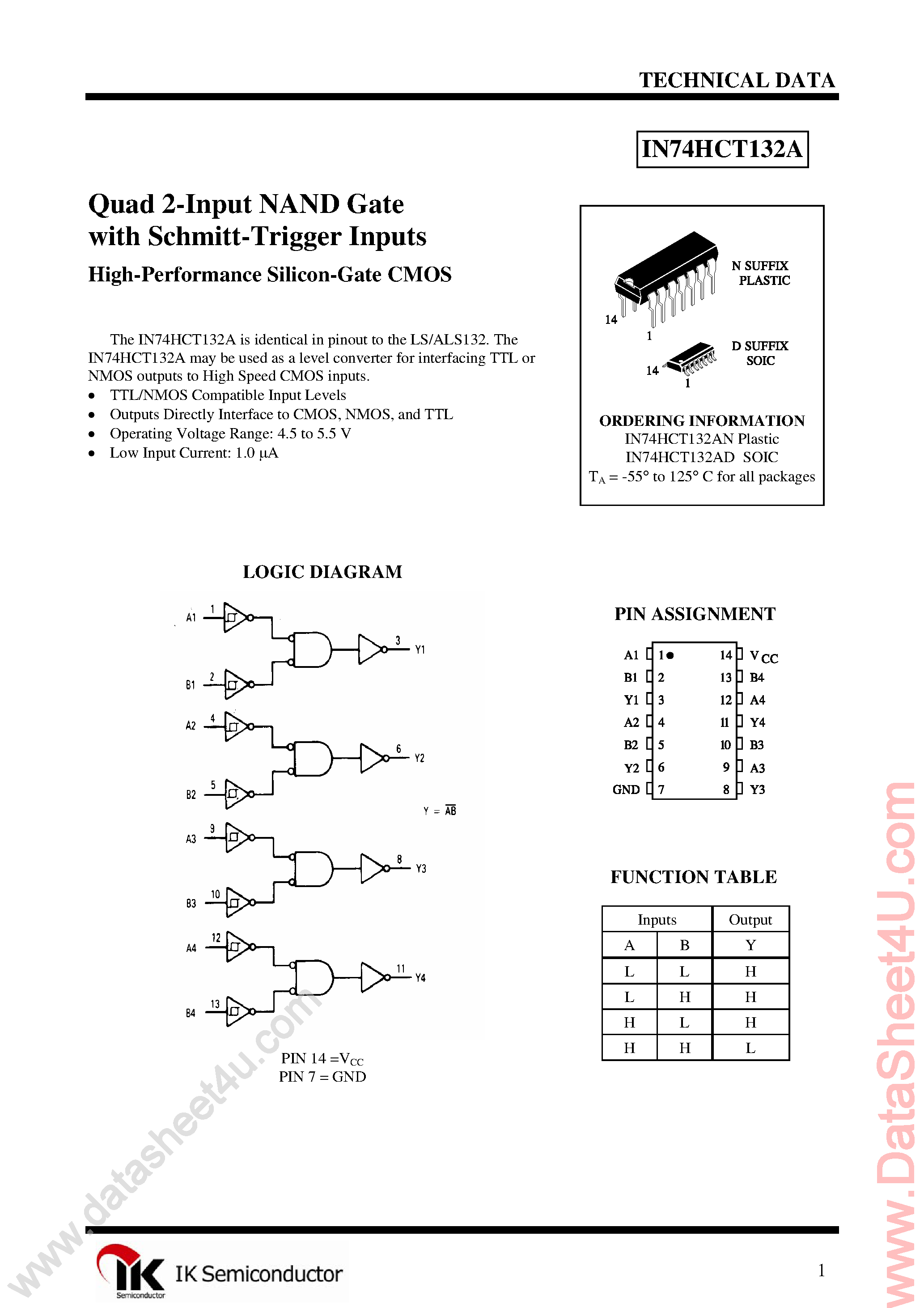 Datasheet IN74HCT132A page 1 Datasheet IN74HCT132A - Quad 2-Input NAND Schmitt-Trigger Inverter page 1