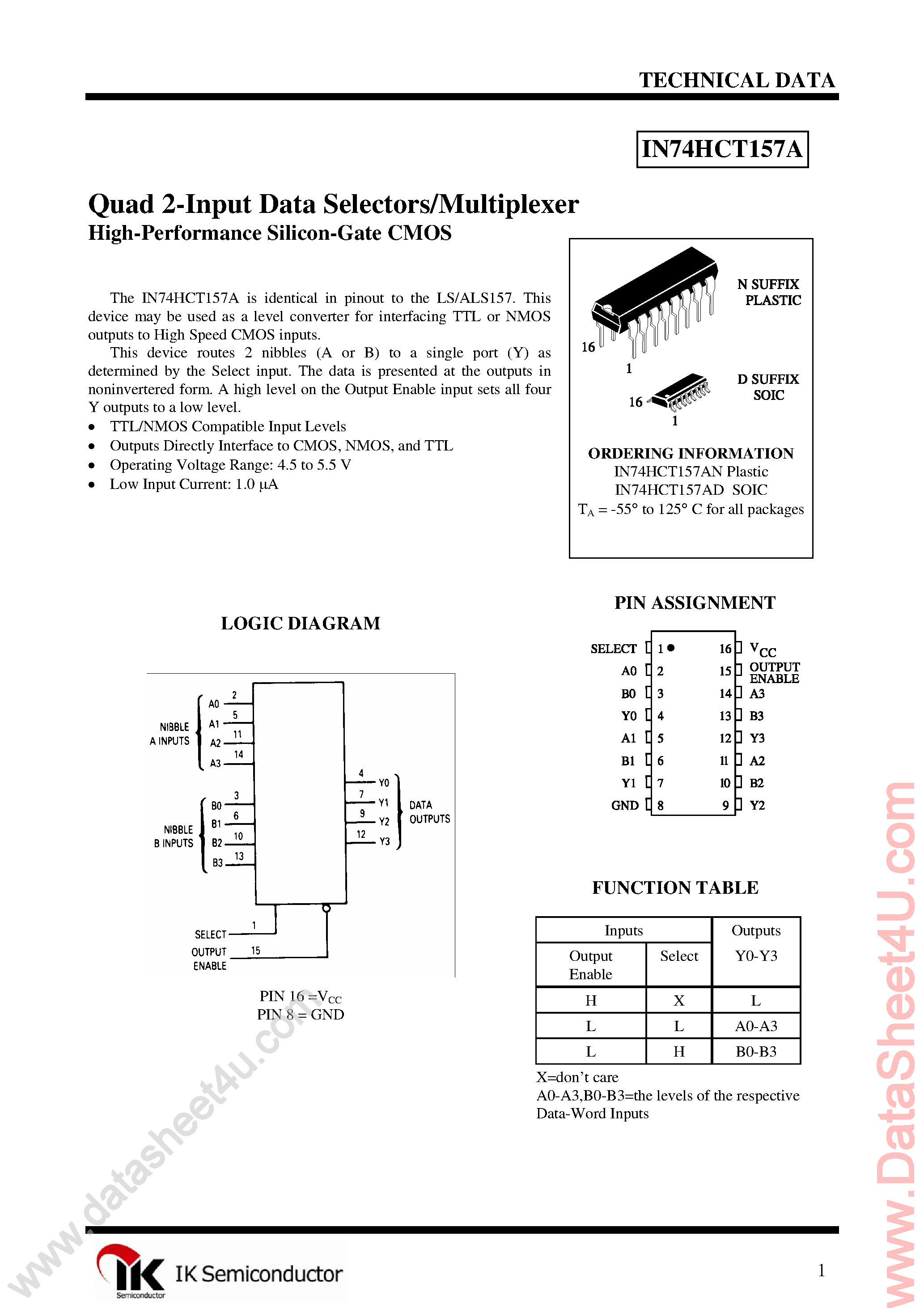 Datasheet IN74HCT157A page 1 Datasheet IN74HCT157A - Quad 2-1 Data Selector/Multiplexer page 1