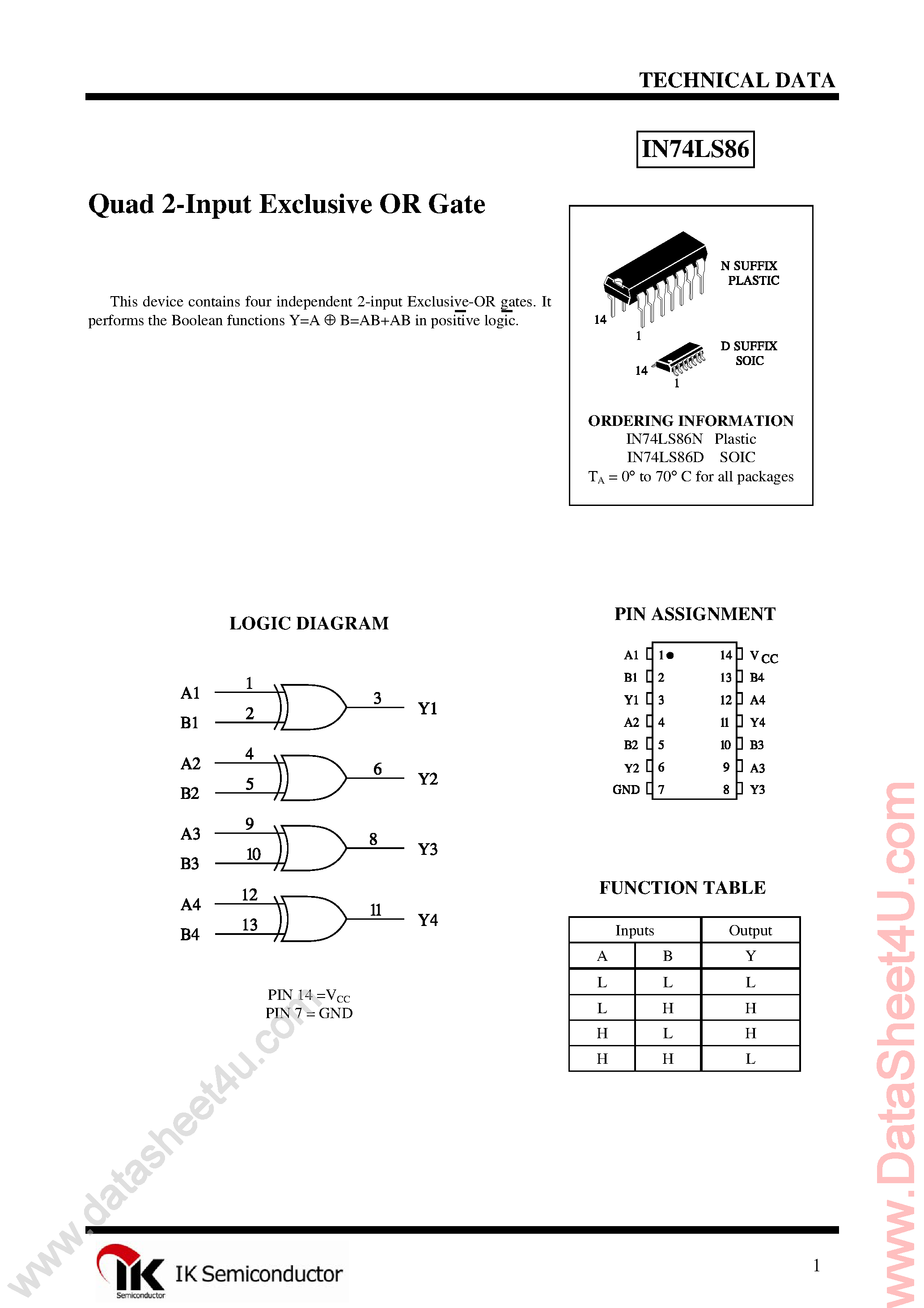 Даташит IN74LS86 - Quad 2-Input Exclusive-OR Gate страница 1