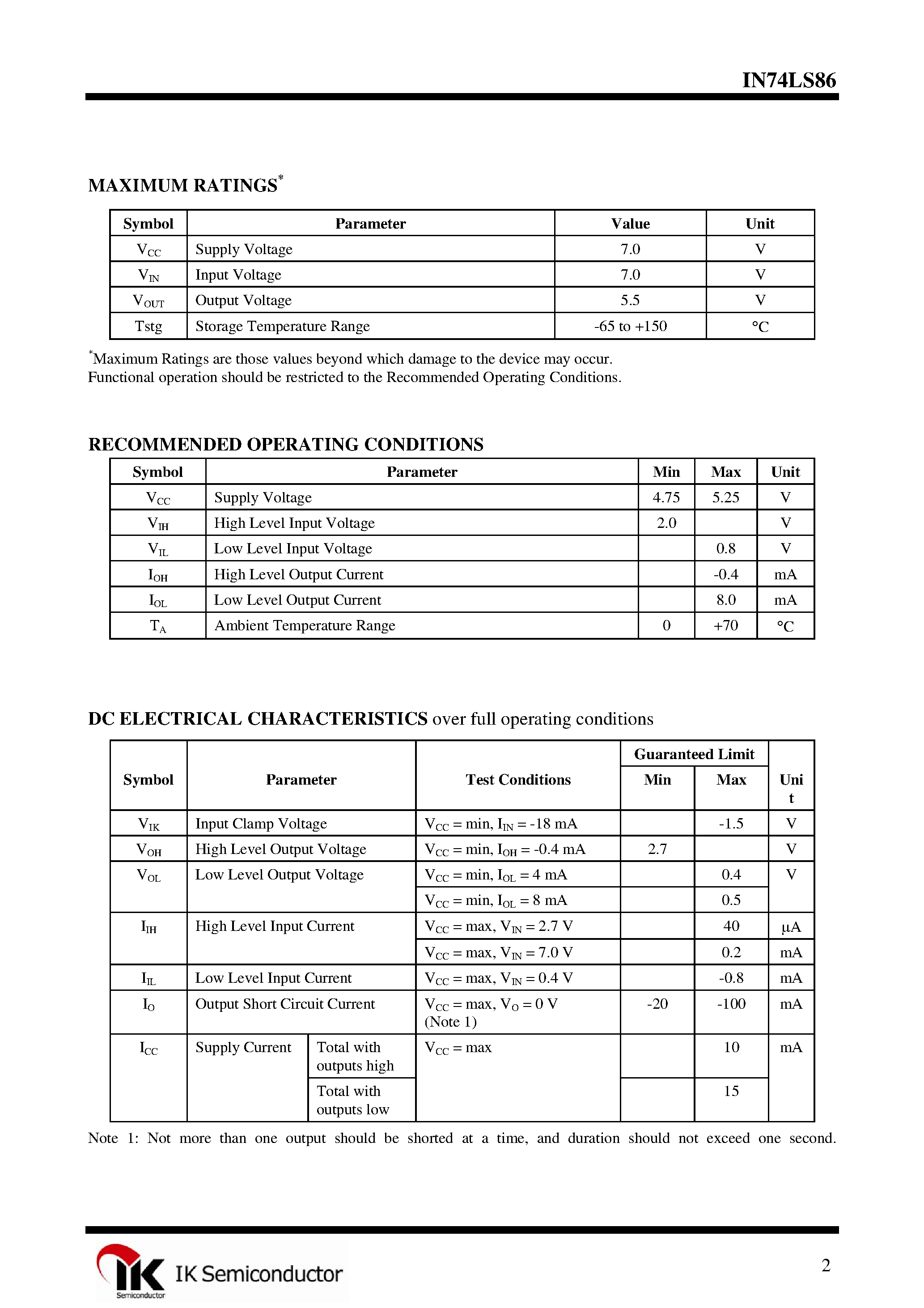 Даташит IN74LS86 - Quad 2-Input Exclusive-OR Gate страница 2