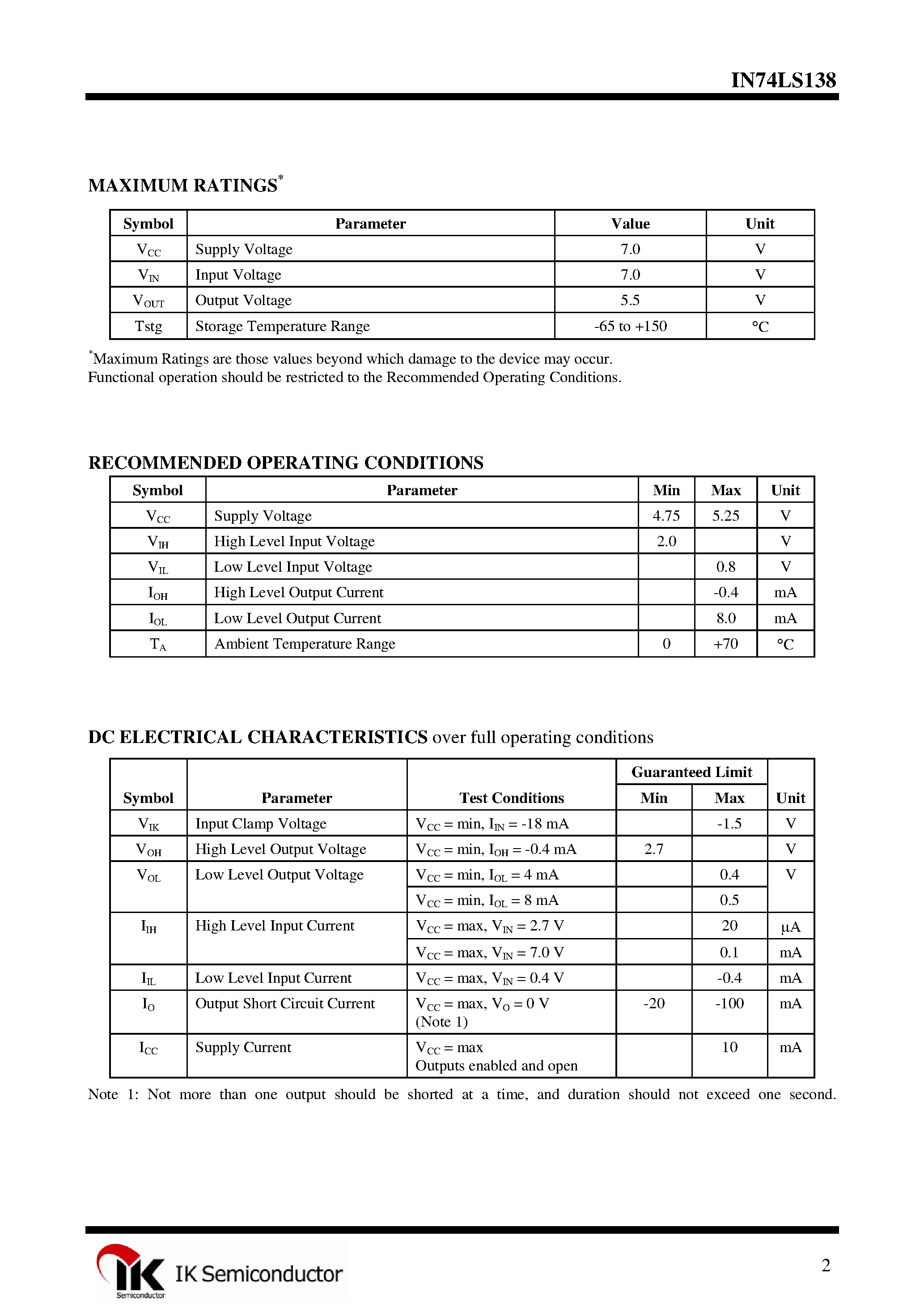 Datasheet IN74LS138 - 3-8 Decoder/Demultiplexer page 2